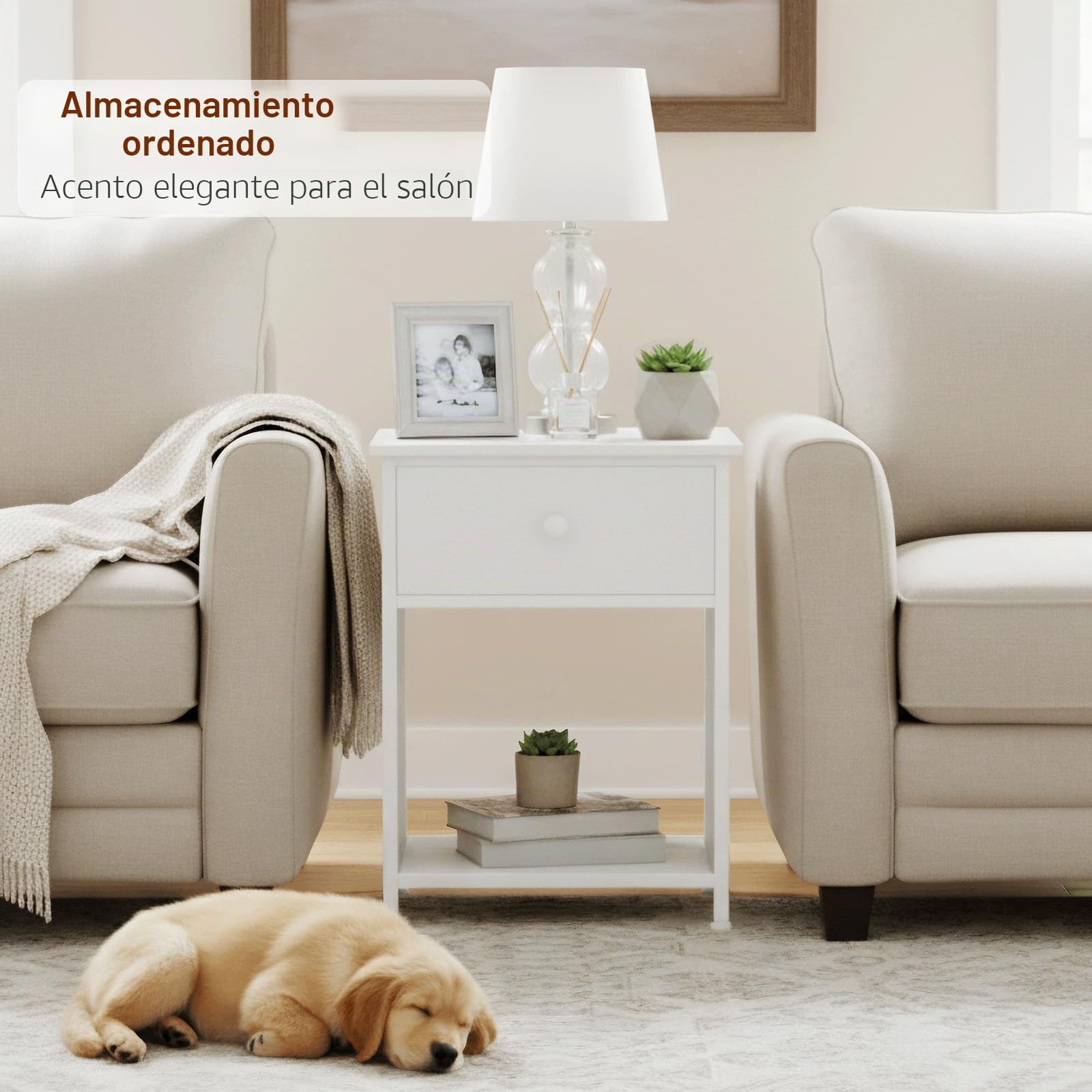 AMHANCIBLE Juego de 2 Mesitas de Noche, Mesilla de Noche Pequeñas con Cajón de Tela, Mesita Auxiliar Industrial Delgada con Estante, para Dormitorio, Salón o Espacios Pequeños, Blanco EHET03SDWT