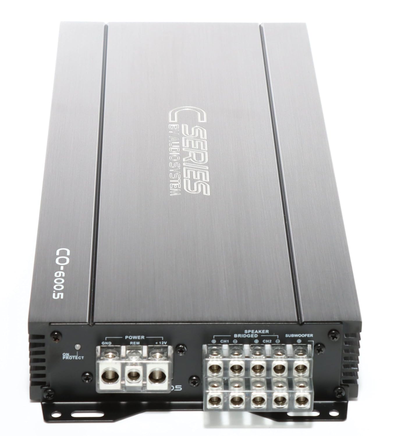 Rear view of the Audio System CO-600.5 amplifier, showing power and speaker terminals.