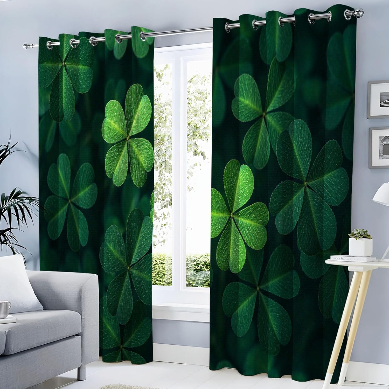 Dark Green 3D Natural Clover Blackout Curtains 2 Panels Set Plant Aesthetics Grommet Curtain Thermal Insulated Window Drapes Treatments for Farmhouse Living Room Bedroom 52 X 84 Inch