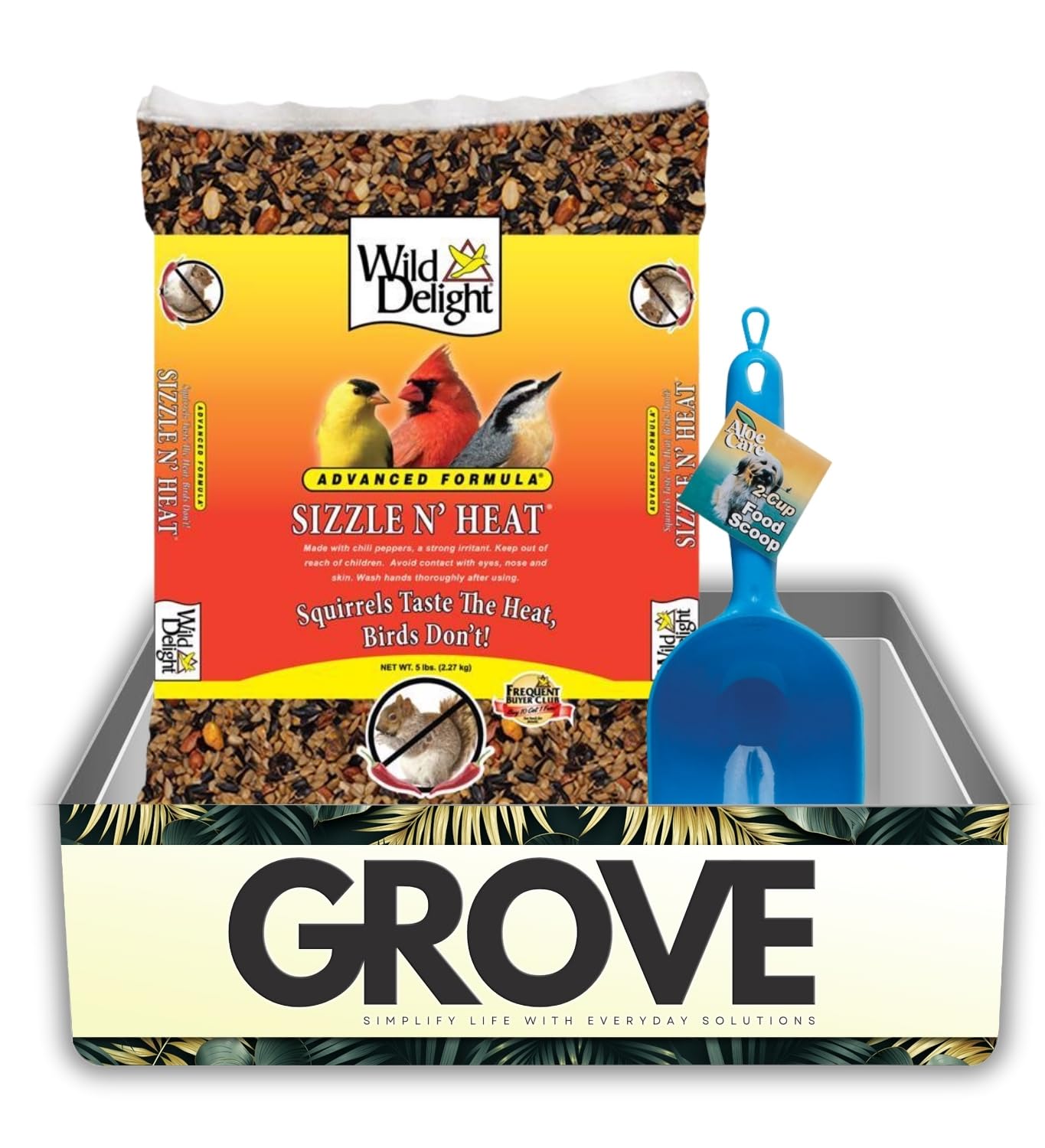 GROVE Semi per uccelli Wild Delight Sizzle N Heat Songbird semi di girasole per mangiatoie esterne - Bundle con paletta per cibo per animali domestici - Miscela calda progettata per scoraggiare gli