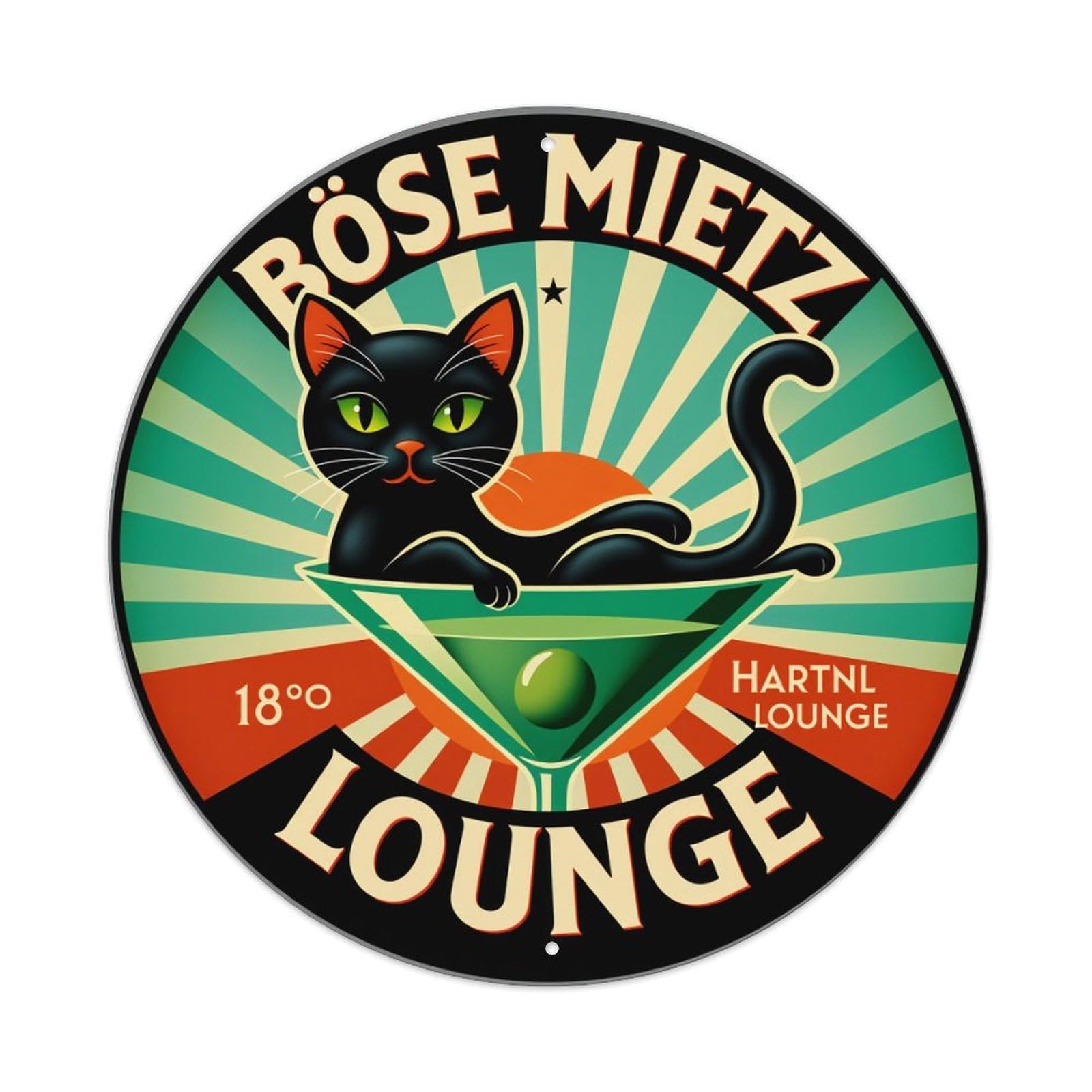 Black Cat Martini Sunburst Pattern Round Tin Sign Vintage Metal Poster Retro Bar, Home, Man Cave, Kitchen, Laundry Room Wall Art Decor Gift 8x8Inch