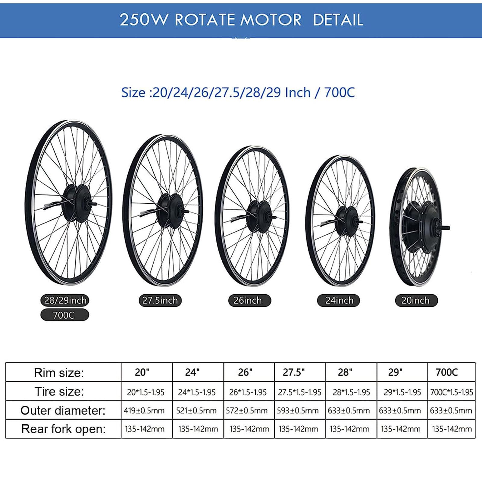 Zestaw do konwersji rowerów elektrycznych, zestaw do konwersji roweru elektrycznego, 250 W, 500 W, z napędem bezpośrednim na tylne koło, do akumulatora 36 V/48 V, zestaw do konwersji silnika