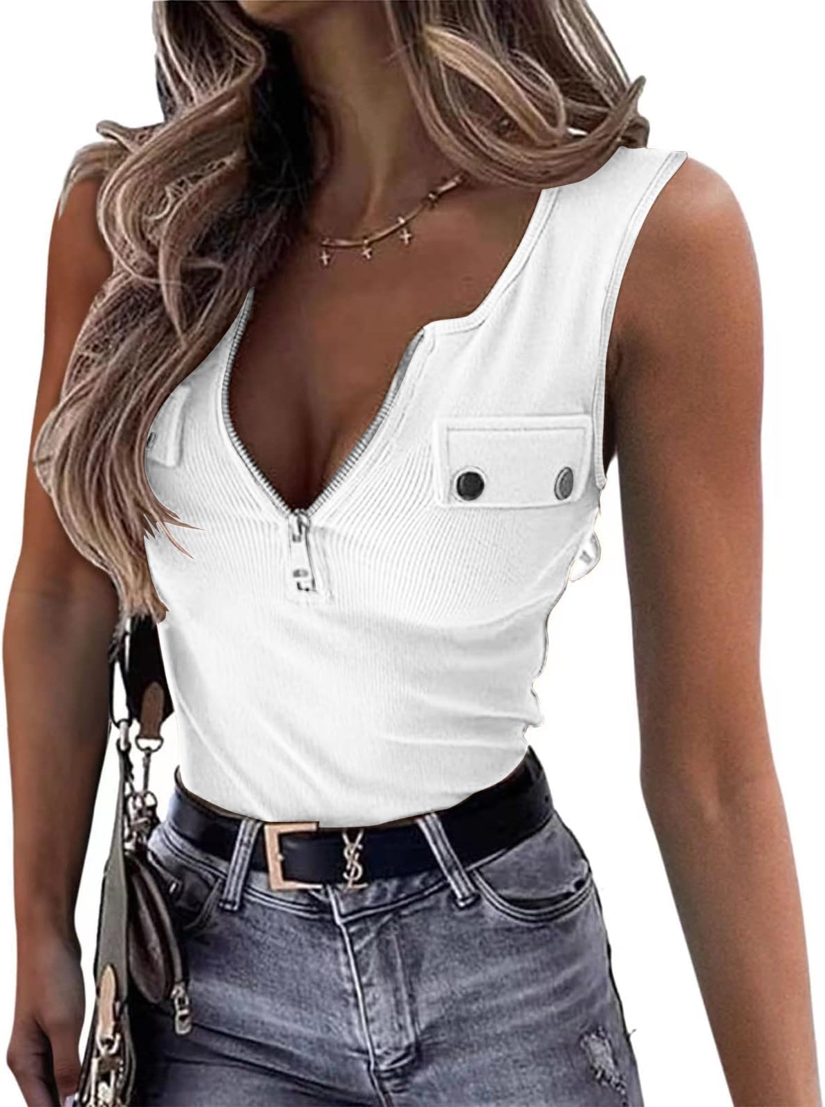 ELFIN Damen Ärmellos Tank Top Gerippt Sommer Sexy Oberteile Reißverschluss Stretch Weste Slim Fit Basic Shirt Ribbed Tops