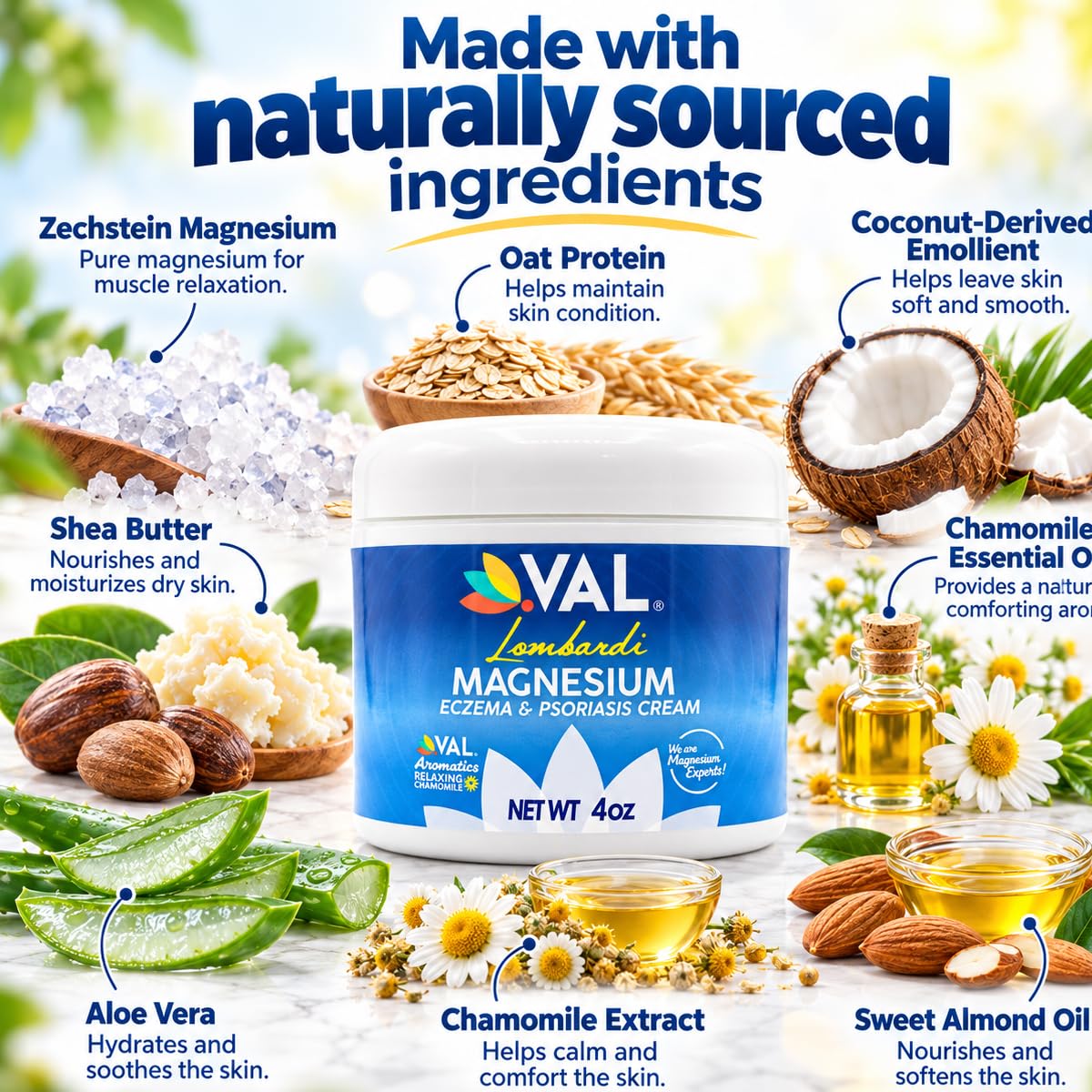 VAL Magnesium Cream for Eczema & Psoriasis | Natural Moisturizer with Zechstein Magnesium, Oatmeal, Aloe, Chamomile, Vitamin E – Fast Itch Relief | 4oz — Amazon image 7