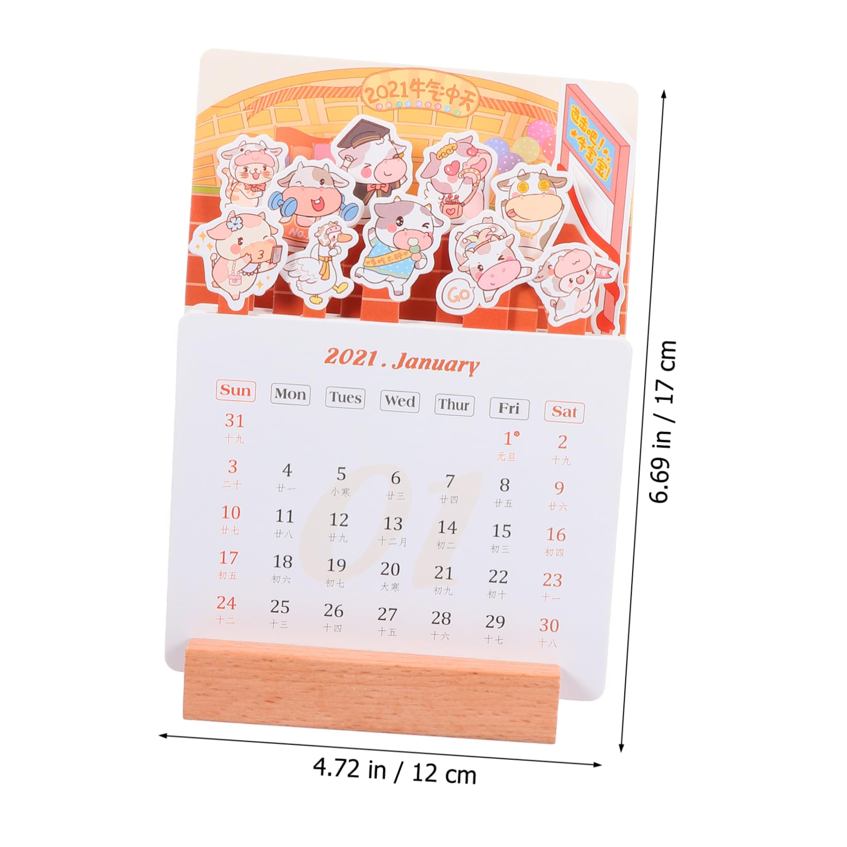 Blattgold-Wochenkalender,Wall Hanging Decoration, 2 Stück Tischkalender, monatlicher Tischkalender, Standkalender 2021, stehend, Klappkalender, Cartoon-Ochse, Tischstaffeleien for Malen, Papier, Kalen