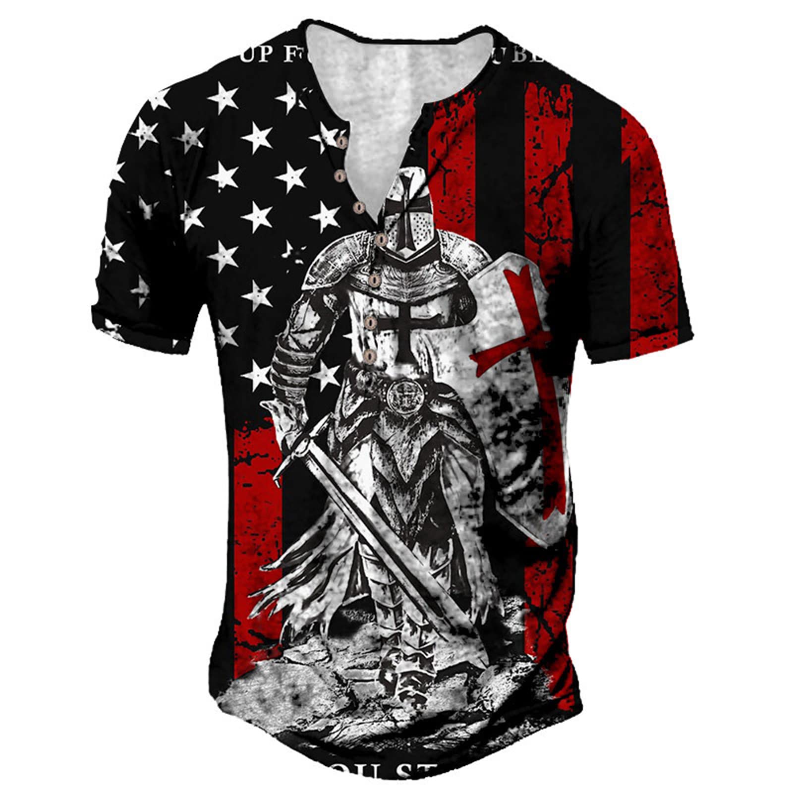 WAVOTIQ Men's Vintage Distressed Henley Short Sleeve T-Shirt Retro 3D Knight Templar Print T-Shirts Motorcycle Racing Henley Shirts, L