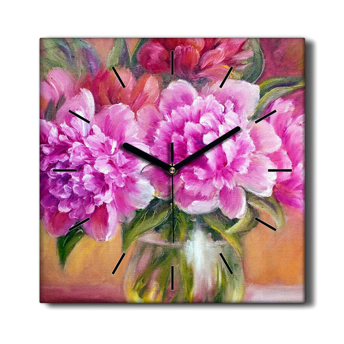 Horloge sur toile 30x30cm decoration murale salon plantes fleurs muette