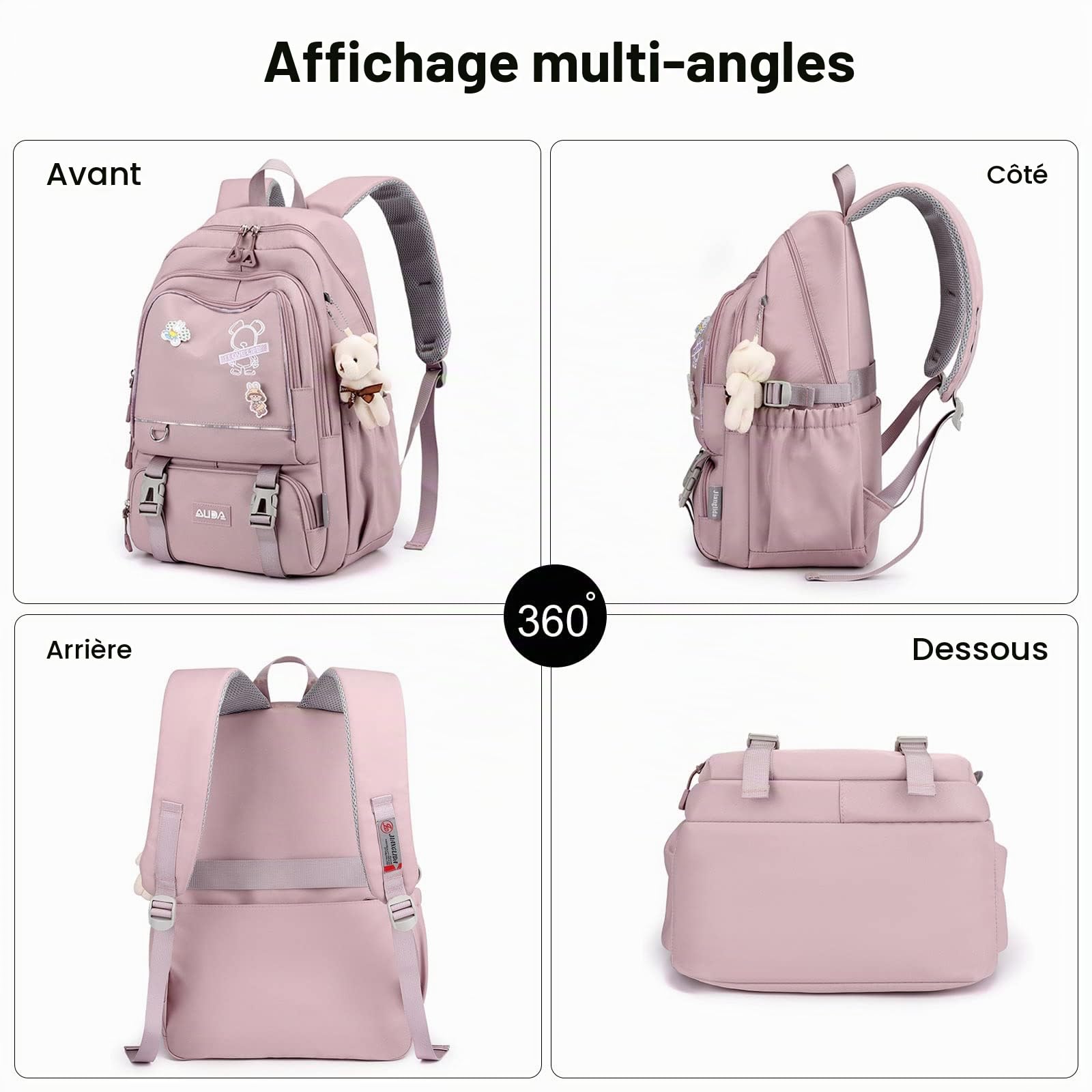 FANDARE Sacs d'école Filles Garçons pour Primaire AOutdoor Voyage Ados avec Pendentif en Peluche Imperméable Nylon Noir