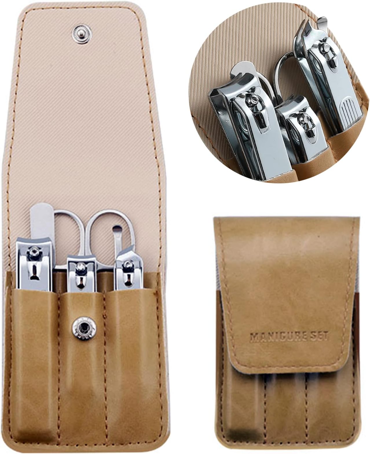 atimier Nail Clipper Set, 6 Pcs Toenail Clippers, Stainless Steel Fingernail Clipper, and PU Leather Manicure Set, Gift Ideas (Beige)