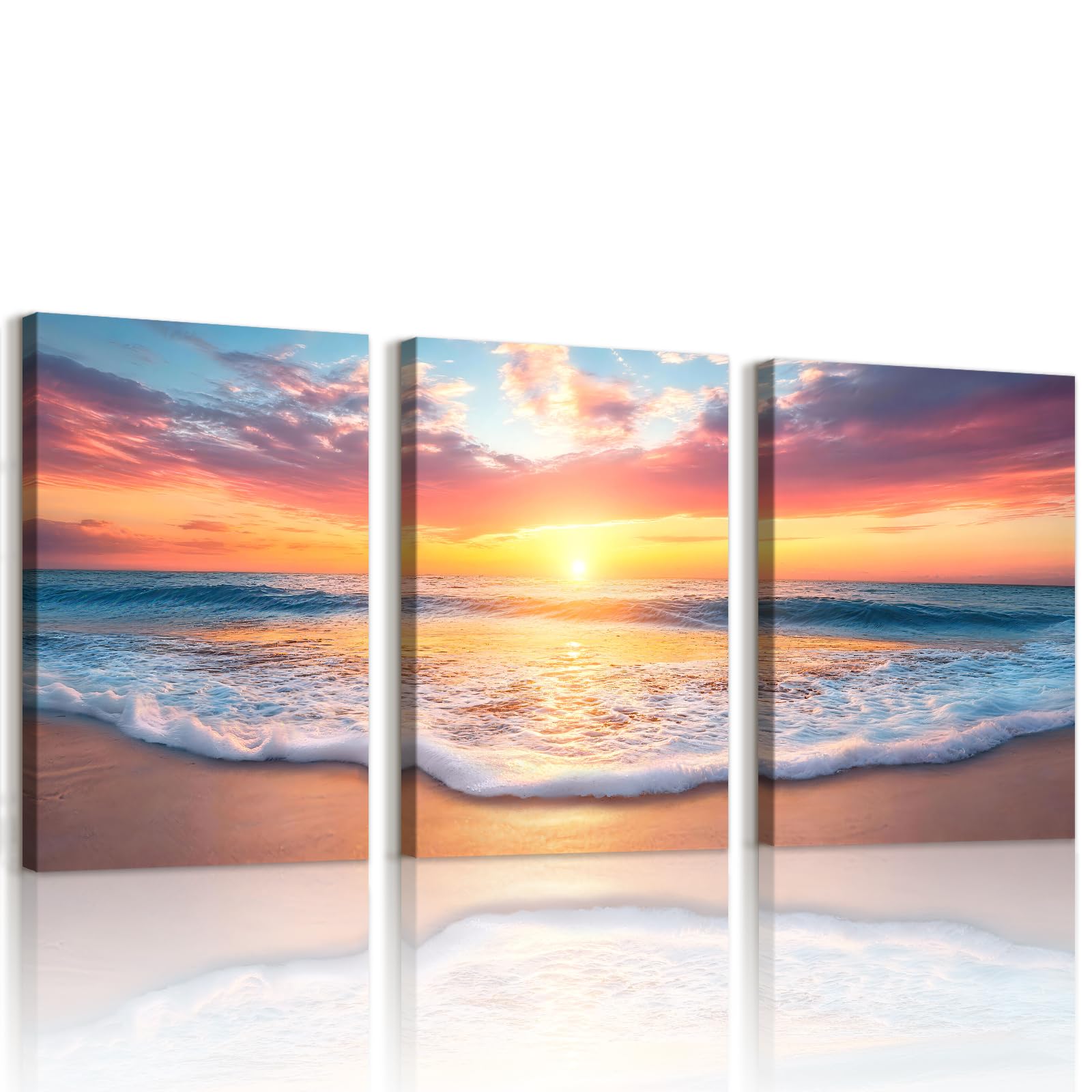 WENGTIAO Set of 3 Beach Sunset Canvas Wall Art Framed Pictures, Nature Seaside Seascape Painting on Canvas, Modern Wall Decoration for Living Room Bedroom Home Decor 40x60cmx3
