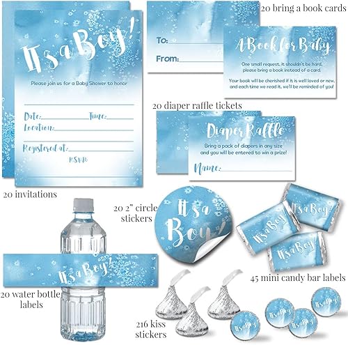 Miniatura 2 de Amanda Creation El paquete de fiesta de baby shower de niño de acuarela azul incluye 20 invitaciones con sobres + 4 tamaños diferentes de