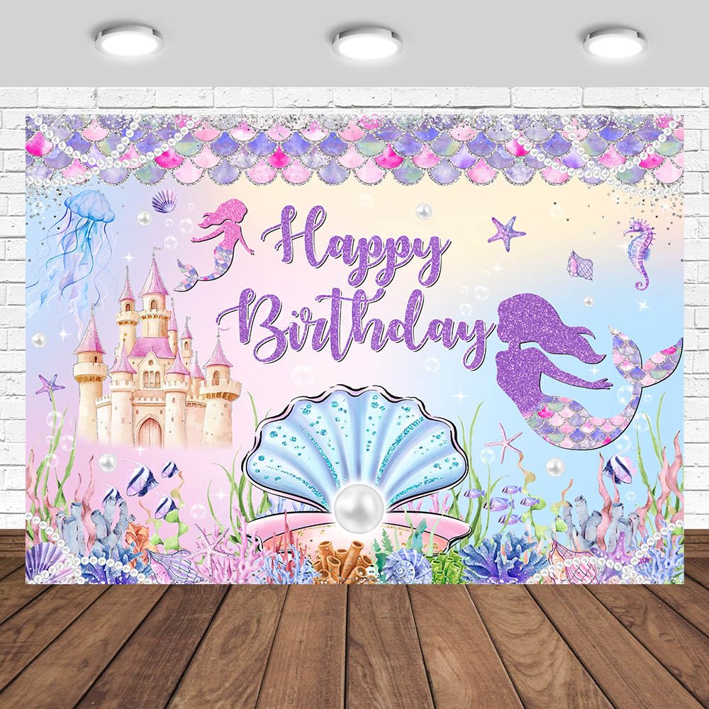 Tcoyodw Mermaid Birthday Backdrop 7x5ft Under The Sea Mermaid Bday Photography Background for Girl Mermaid Tail Castle Princess Party Decorations
