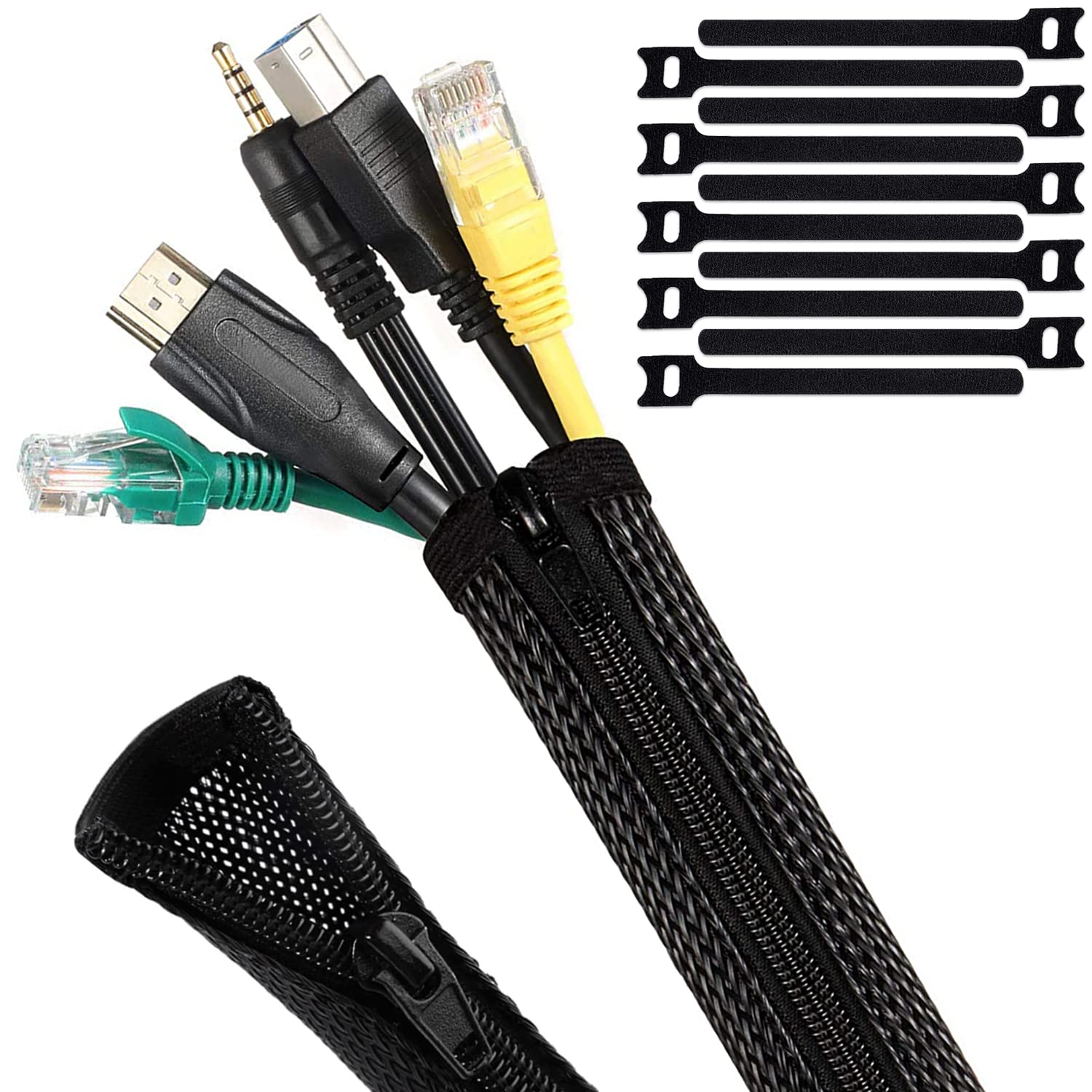 Aunly Cable Tidy Sleeve with Zipper for Under Desk Cable Management, 1.7m of cable Sleeves with 20mm Dia - Wire Sleeve for Pc/tv, Cable Organisers with 10 Reusable Ties for Home & Office