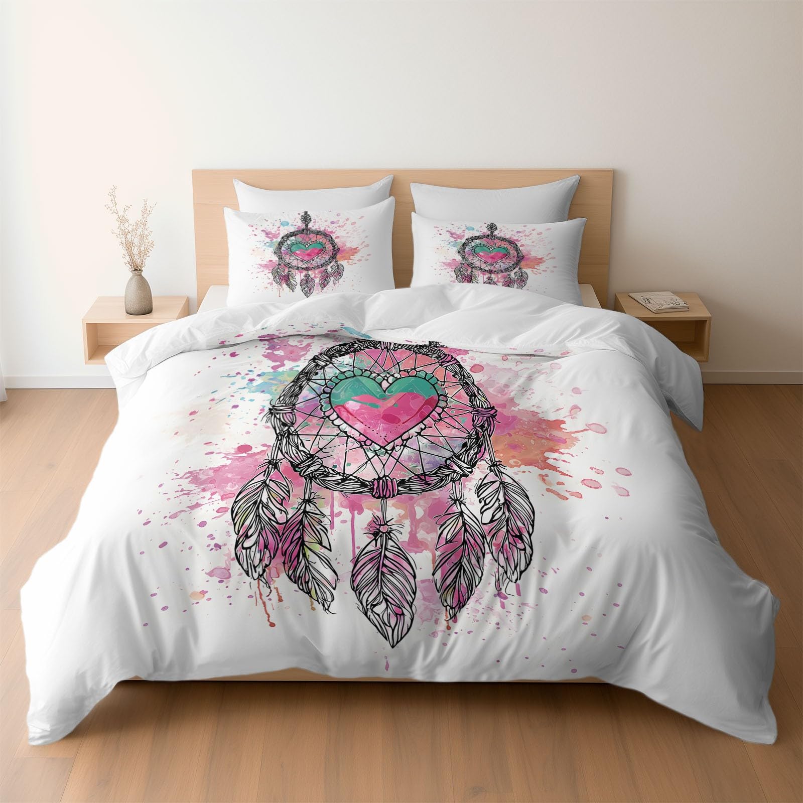 Generisch Ästhetischer Boho Stil 3-teiliges Bettwäsche-Set, 1 Bettbezug 240 x 220 cm und 2 Kissenbezüge 80 x 80 cm, Weiß, Herz Traumfänger Federn, Pflegeleicht, Erwachsene, Schlafzimmer