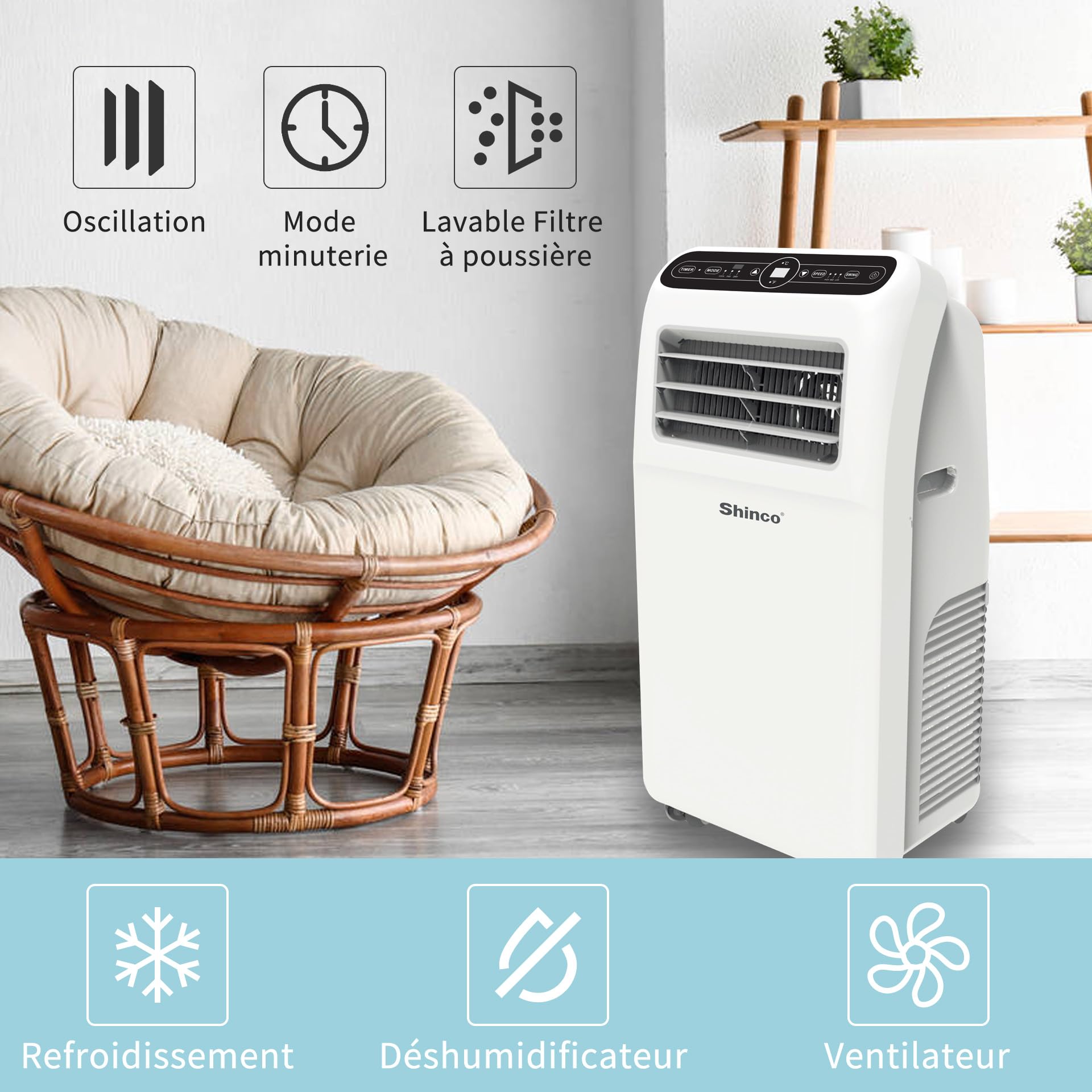 SHINCO 12000BTU Climatiseur Mobile, 3,5 Kw, Fonction 3-en-1 avec Tuyau D'échappement，Refroidissement et Déshumidificateur et Ventilation, Eco R290
