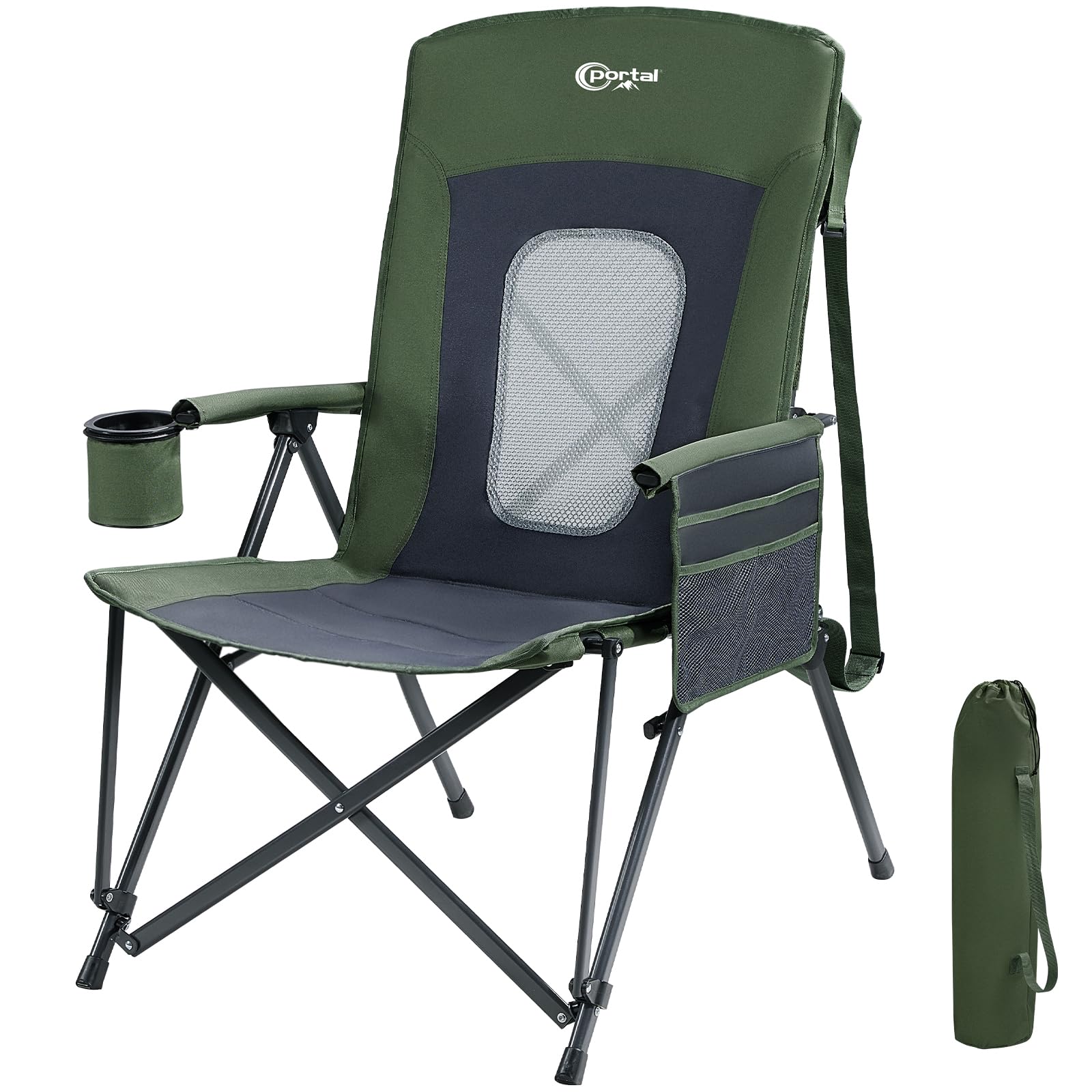 Portal Campingstuhl Faltbar Klappstuhl 180 KG Belastbar mit Hochlehner Verstellbar Camping Anglerstuhl Gartenstuhl Sessel mit Tasche Getrankhalter für Garten Balkon Picknick
