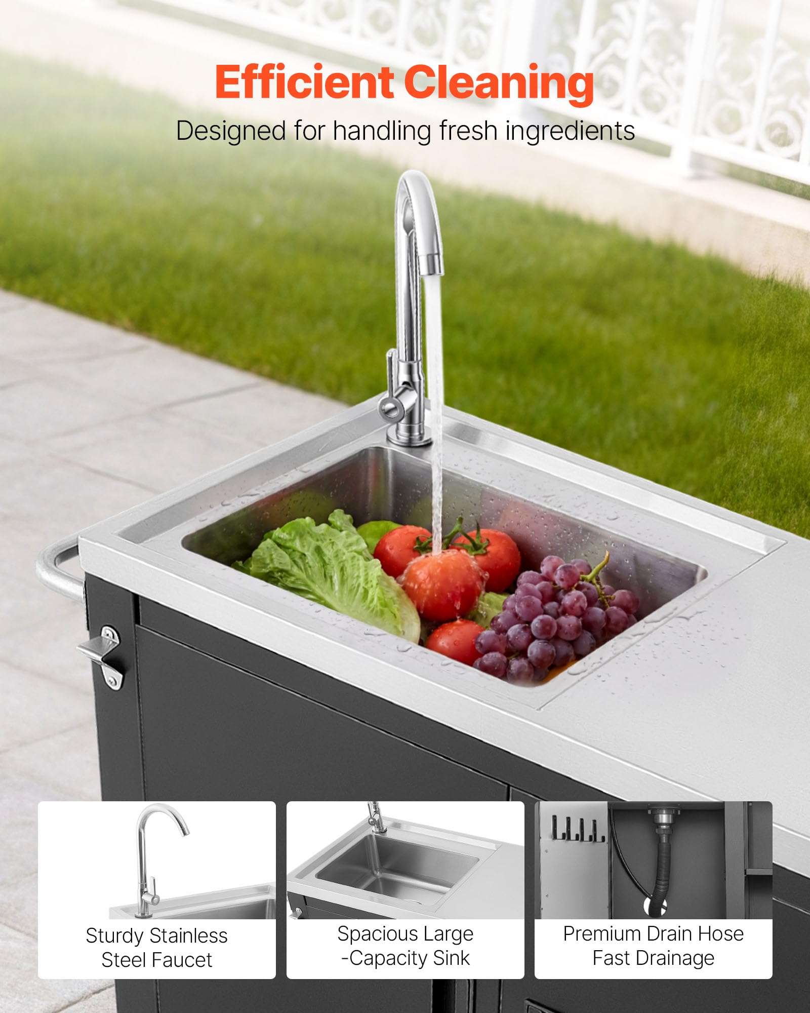 VEVOR Mesa de Barbacoa 132 x 46 x 90,9 cm Tablero de Acero Inoxidable, Carrito de Cocina con Fregadero, con Ruedas, con Armario de Almacenamiento, con Toallero, para Jardín, Bar, Zona de Barbacoa