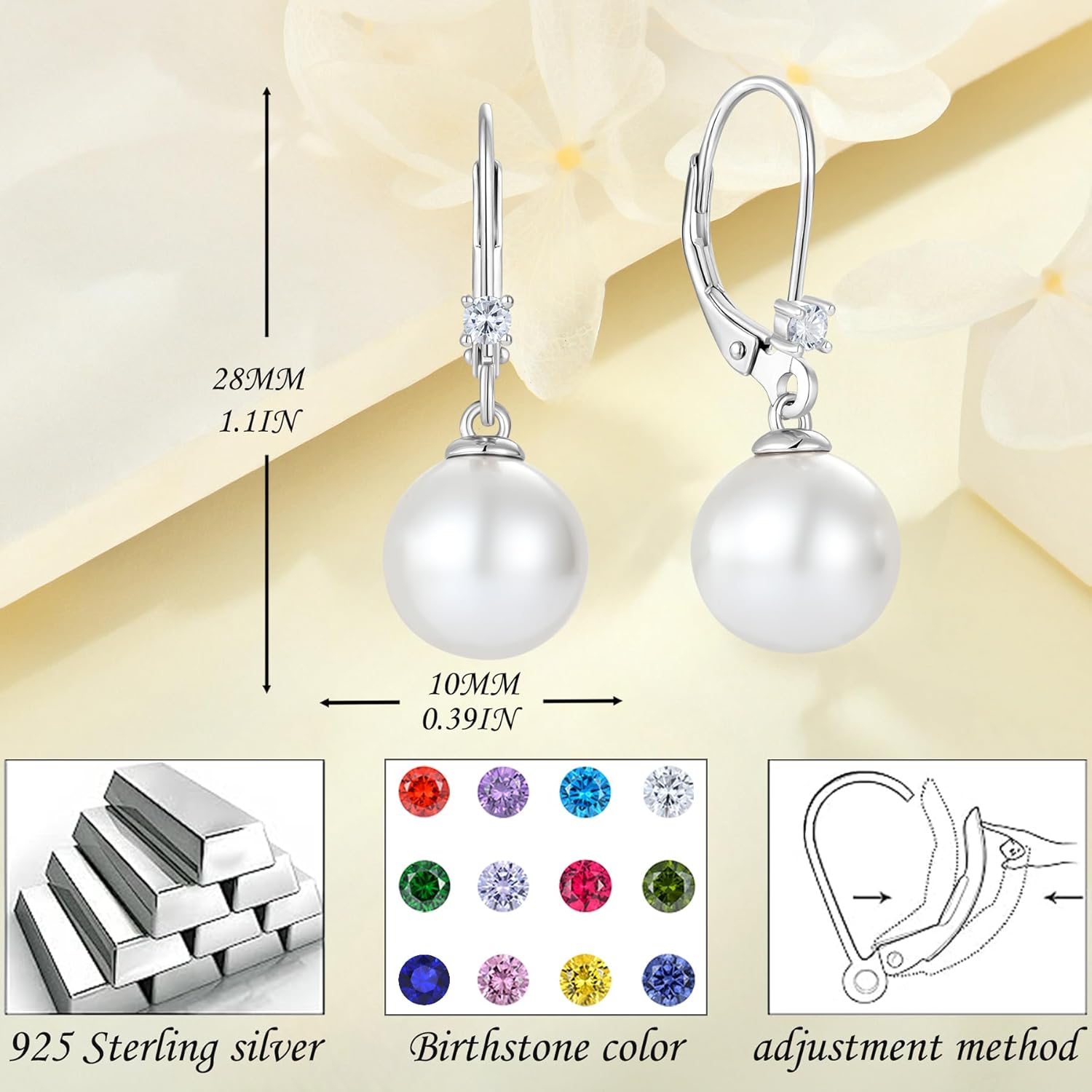 Leverback Earrings for women Pearl Earrings 925 Sterling Silver Birthstone Jewelry Gifts Pearl Drop Earrings with 10mm Mother of pearl