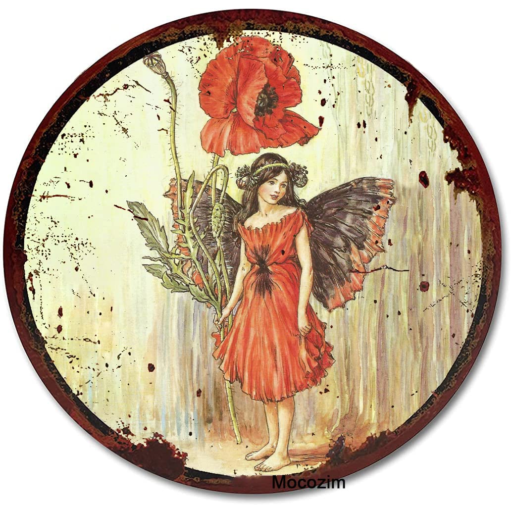 Rustic Retro Round Metal Tin Sign The Poppy Fairy by Cicely Mary Barker Flower Fairies Vintage Wall Art Nursery Decor Fairy Print Home Decor Novelty Bedroom Courtyard Decoration Sign 12x12 Inch