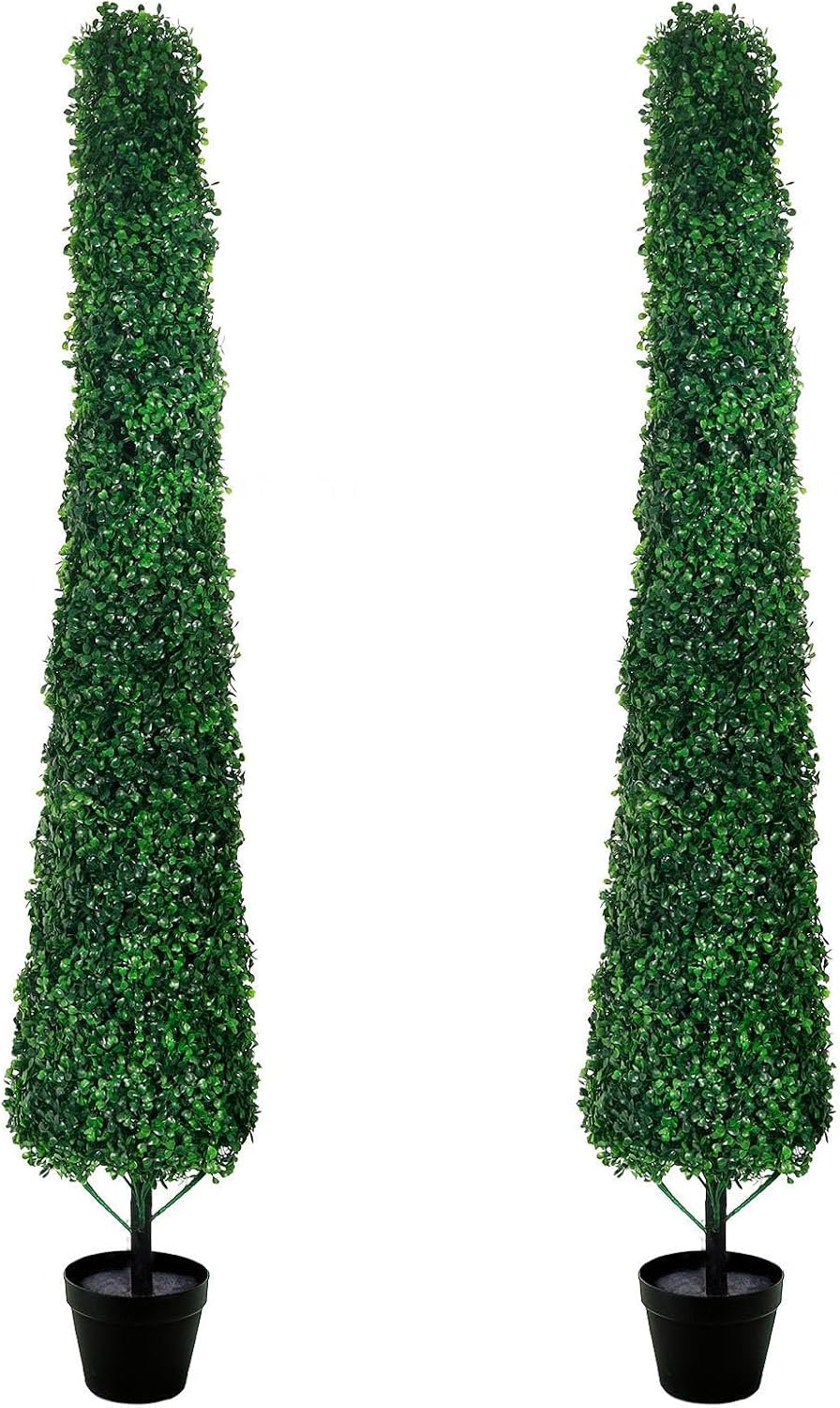 Potted Artificial Boxwood Topiary Trees 5FT, Set of 2 Fake Evergreen Shrubs for Indoor Outdoor Home, Front Door, Patio and Garden Decoration