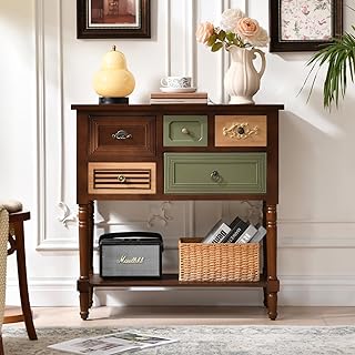 Vintage Accent Cabinet with 5 Drawers and Open Shelf, Multi-Tone Console...