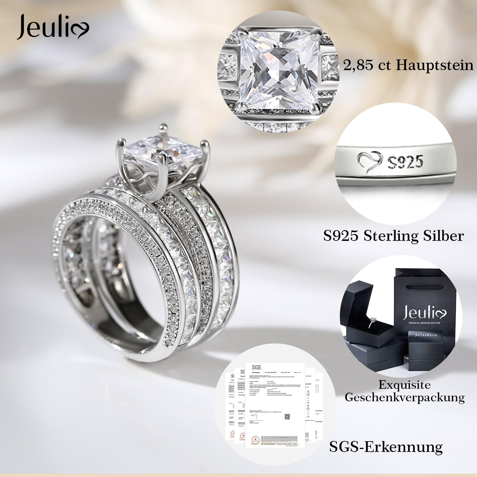 Jeulia Damen Sterling Silber Ringe Set Prinzess-Schliff 4-Prong Diamant Ringe Set Schmuck für Braut Hochzeit Band Verlobungsring Trauring Ehering