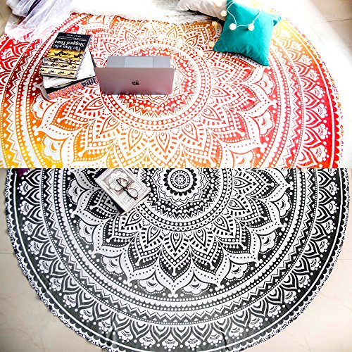 Set of 2 Ombre Mandala Blanket or Round Mandala Tapestry. Hippie Indian Picnic Throw Table Cover, Boho Gypsy 100% Cotton Tablecloth Meditation Circle Yoga Mat - 72 Inches, Yellow and Black