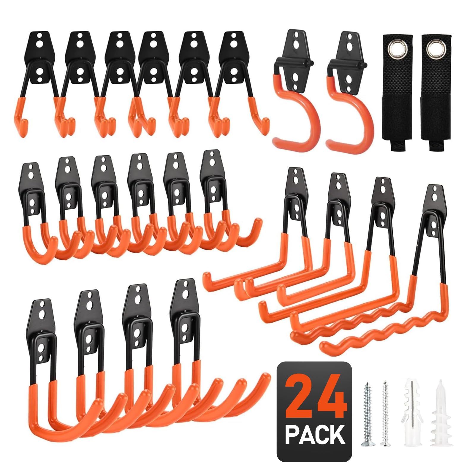 Lot de 24 crochets de garage en acier robuste pour rangement de garage, support mural pour vélos, outils de jardin, échelles, articles en vrac, cordes et autres équipements
