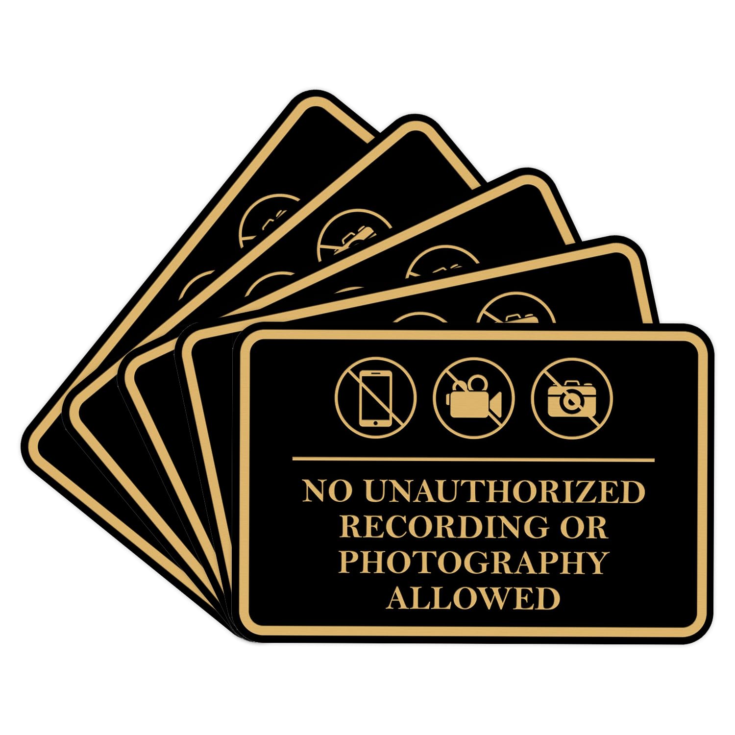 Classic Framed No Unauthorized Recording or Photography Allowed Door or Wall SignDurable Material | Easy Installation (Black Gold) - Medium (5 Pack)
