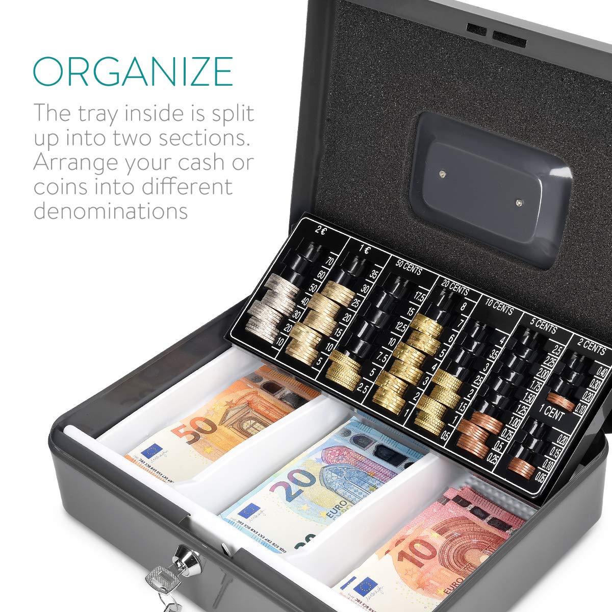 Navaris Caja fuerte para dinero - Organizador de efectivo con cerradura y compartimento interior - Para billetes monedas documentos con dos llaves