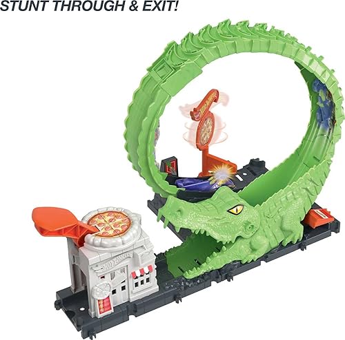 Miniatura 4 de Hot Wheels Juego de pista de juguete para autos Gator Loop Attack Playset en lugar de pizza con coche a escala 164, se conecta a otros juegos