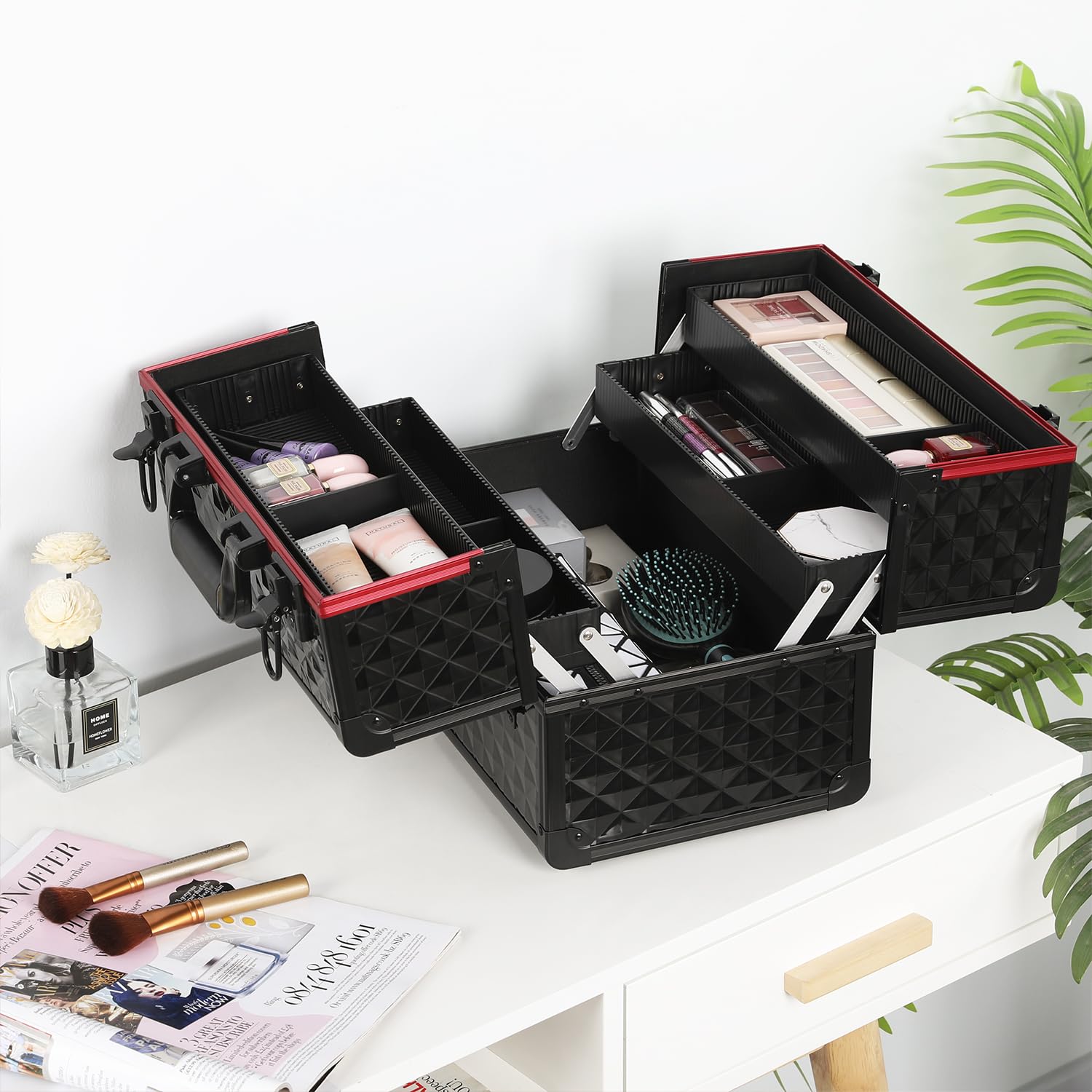 Valigetta Porta Trucchi Beauty Case Make Up da Viaggio Professionale Estetista Cosmetici Per Cosmetici Organizzatore 6 Vassoi Chiudibile Nero