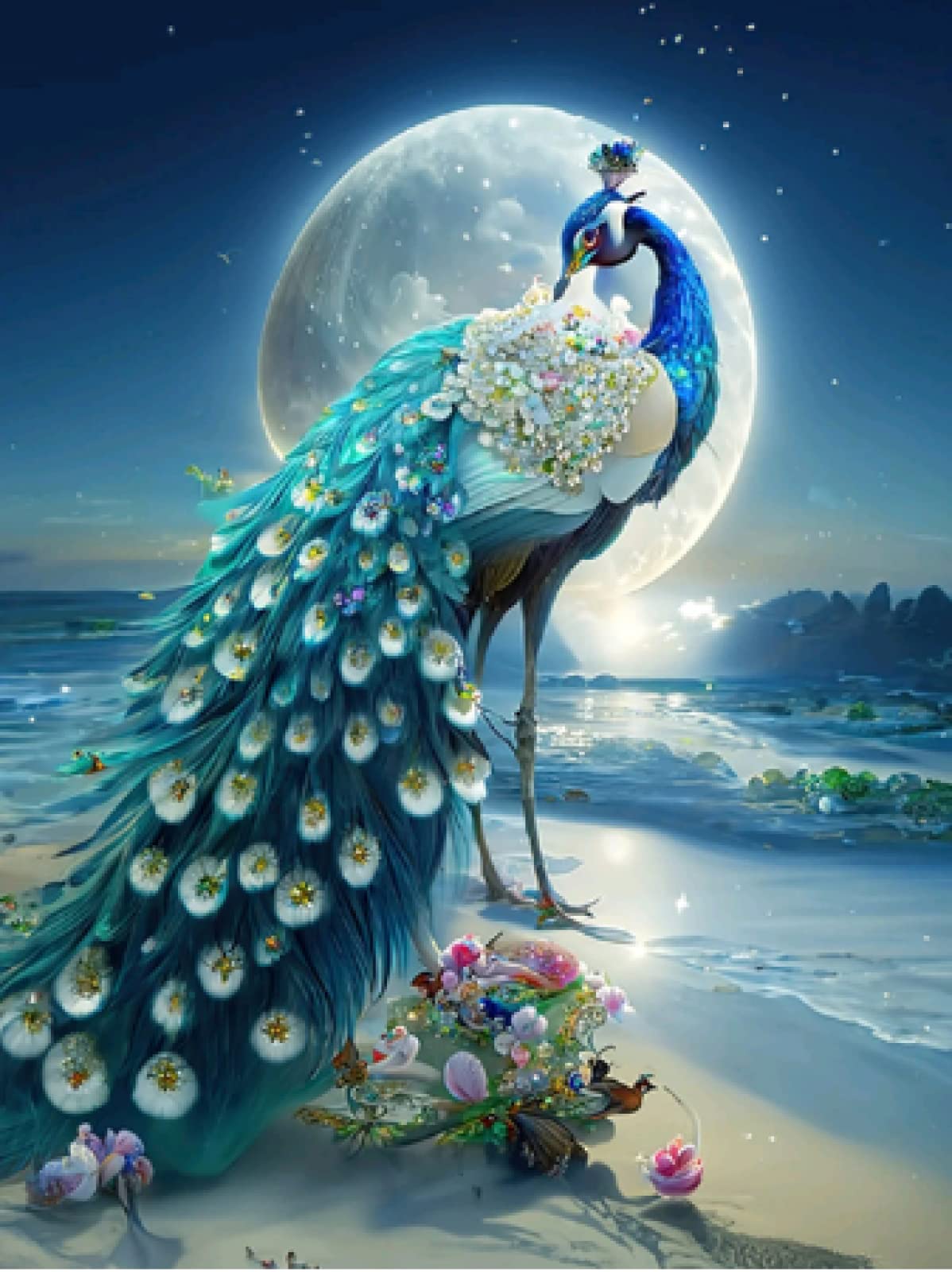 Wingkin Stamped Cross Stitch Kits for Adults sea Moon Peacock 11CT Full Range of Embroidery Starter Kit for Beginners DIY Pre-Printed Patterns Starter Kit（16×20 Inch）