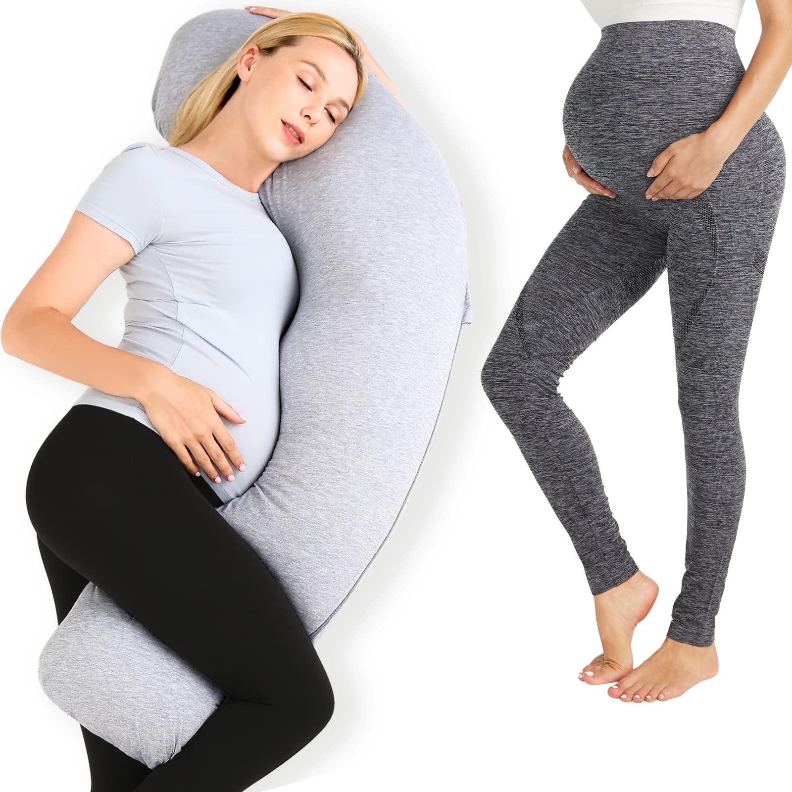 Photo 1 of Momcozy J Shaped Pregnancy Pillows with Removable Cover, and Women's Maternity Leggings Seamless Over The Belly Pregnancy Leggings