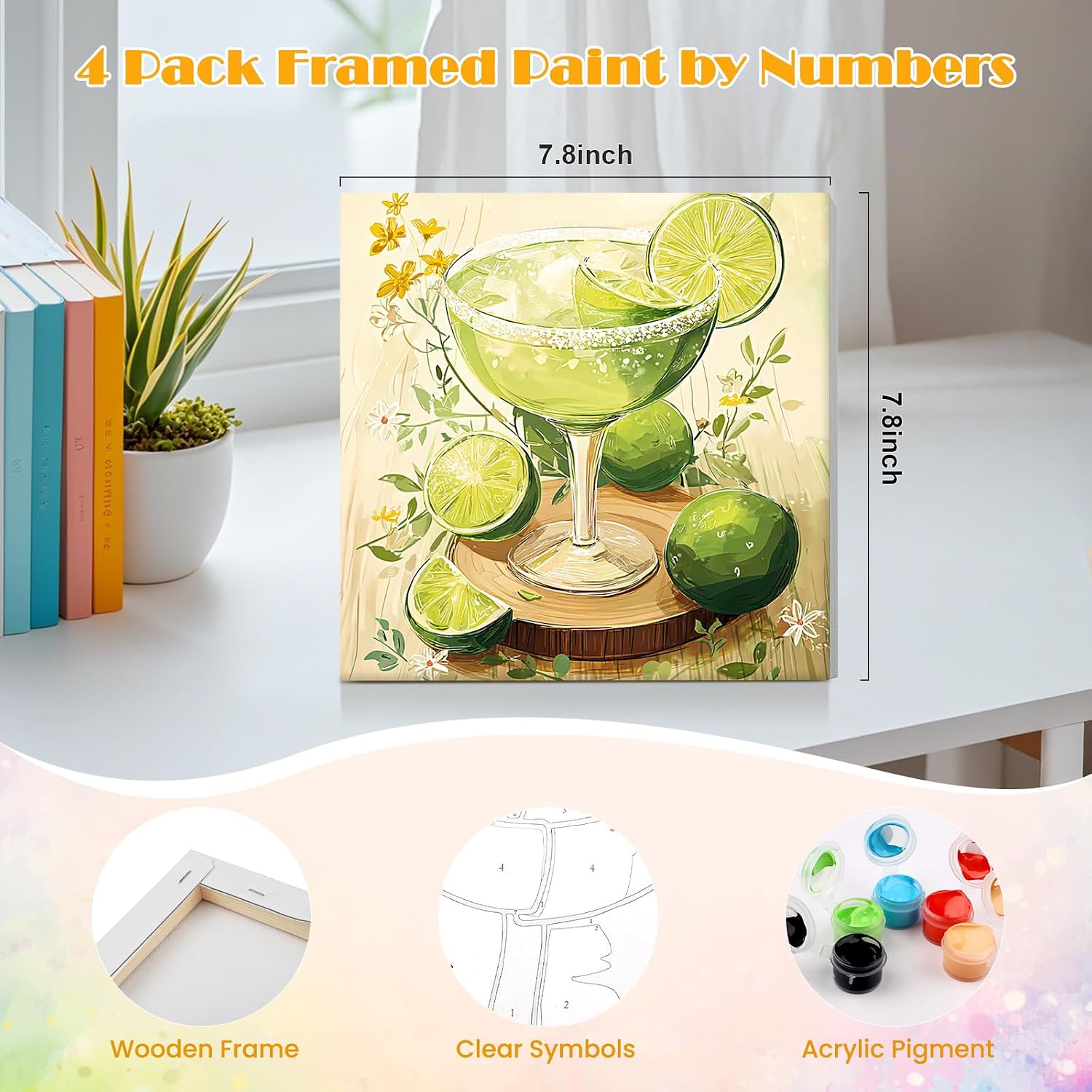 MISCER 4 Pack Paint by Numbers for Adults Beginner, Cocktail Paint by Number Kits for Kids, DIY Acrylic Oil Painting Suitable for Home Decoration (8x8inch)