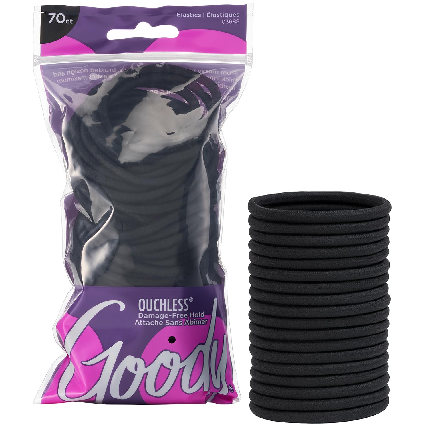 Goody Ouchless Elastic Hair Ties, 70 Ct, Black, 4MM Rubber Bands in Resealable Pack, Pain-Free Styling Accessories for Women & Men, Made for Long-Lasting Braids, Ponytails & More, All Hair Types
