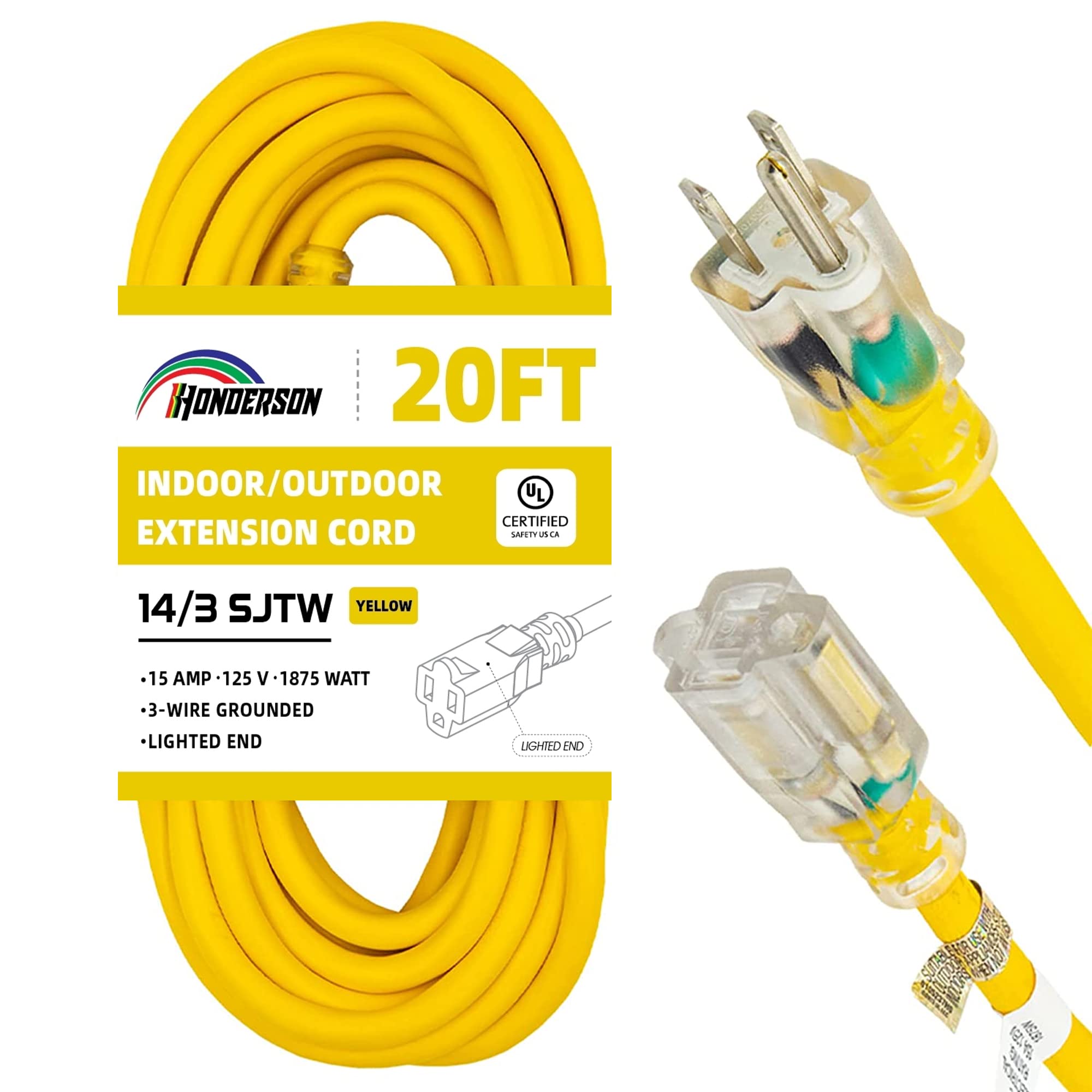 Rallonge pour l'intérieur et l'extérieur, résistante aux intempéries, avec extrémité éclairée, certifiée UL, 3 mètres, 5 mètres, jaune, 3 broches, robuste, 14/3 SJTW 15A pour
