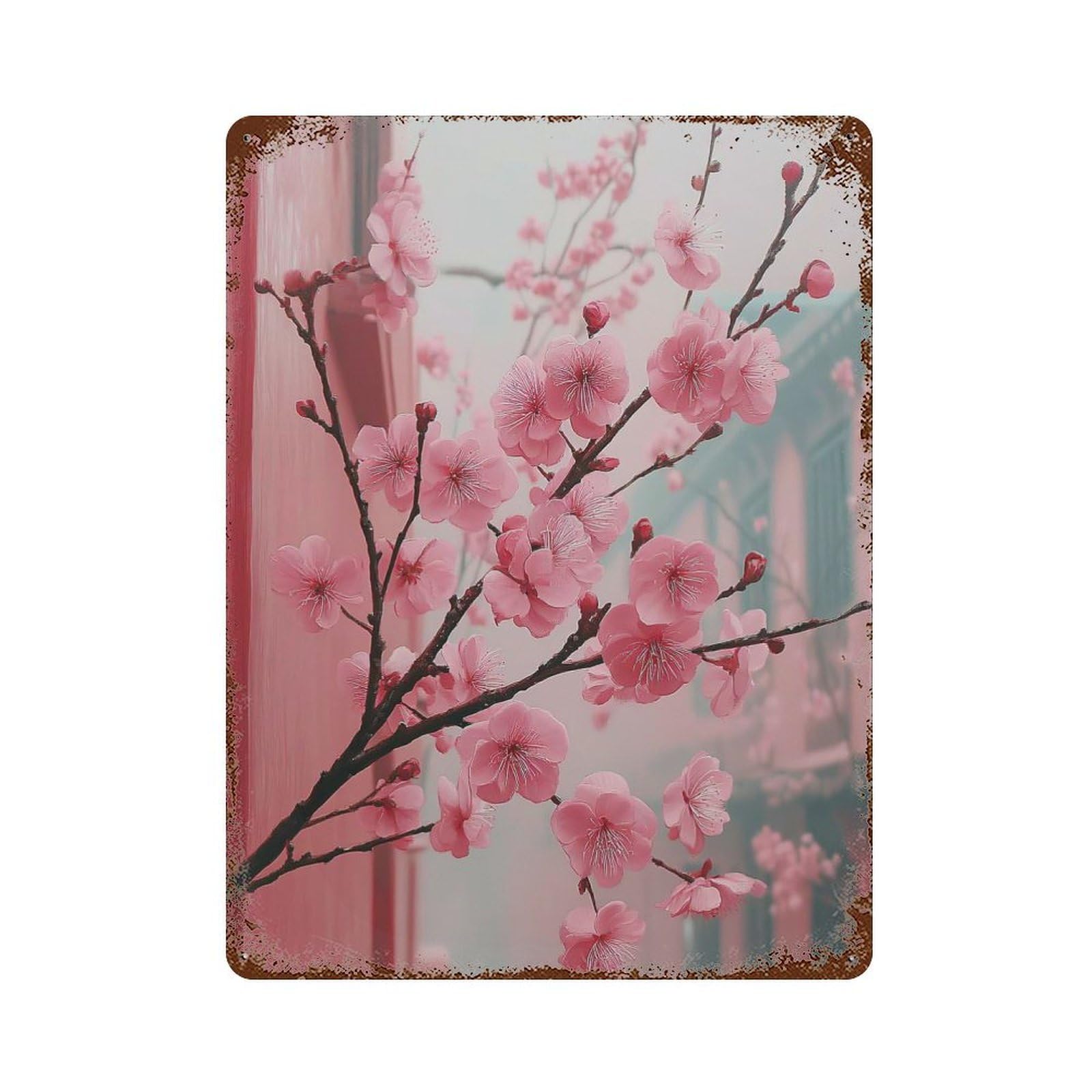 Pink Cherry Blossoms in Bloom Rusty Metal Tin Sign 15.7"x11.8", Vintage Wall Decor for Garage, Pub Or Kitchen