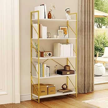 DWVO 6 Tier Bookshelf Tall Bookcase, Modern Gold Book Shelf, Open Display Storage Rack Shelves for Living Room/Bedroom/Home/Office/Kitchen, White & Gold