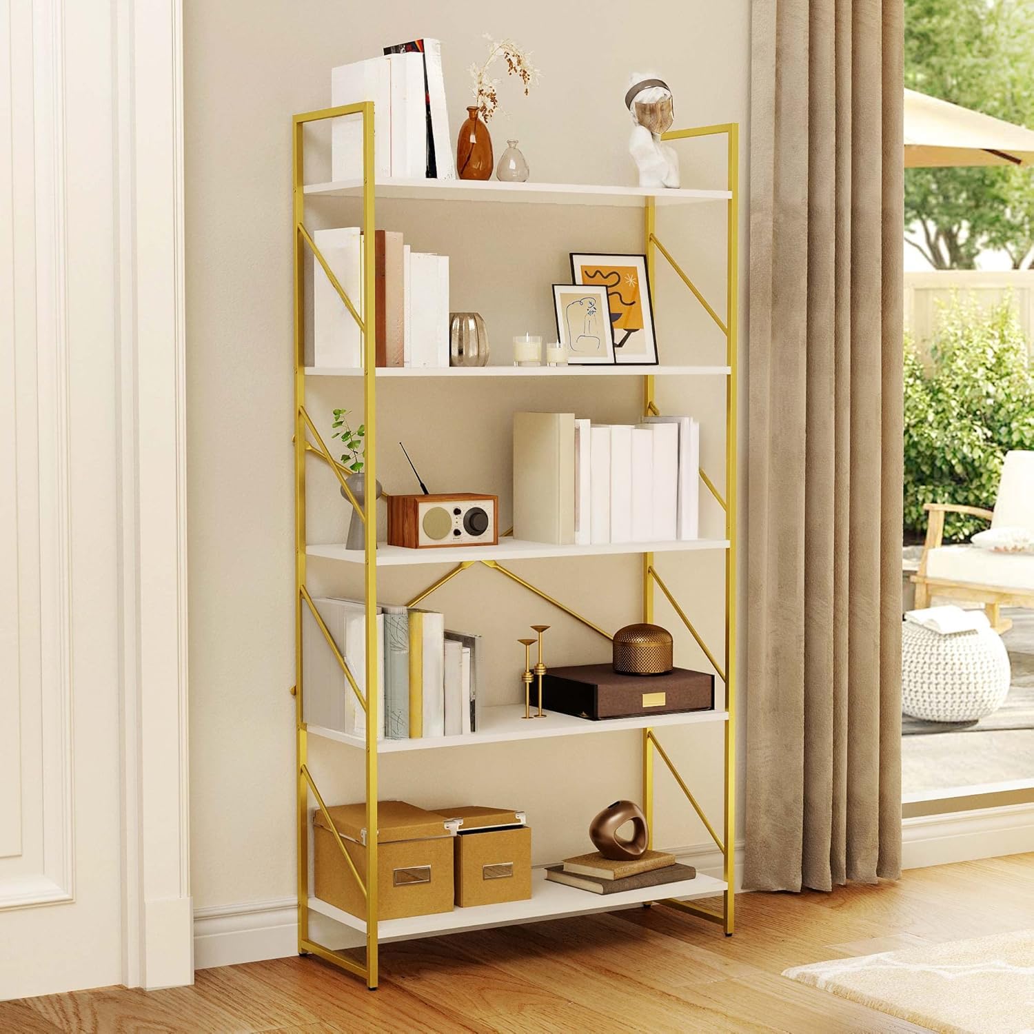 YITAHOME 5 Tiers Gold Bookshelf, Modern Wide Bookcase, Large Book Rack, Storage Rack Shelves in Bedroom/Living Room/Home/Office, Books Holder