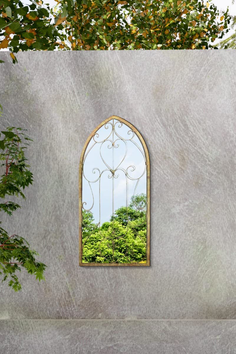 Metal Rustic Large Arched Garden Mirror with Window Gate Feature 100cm X 50cm