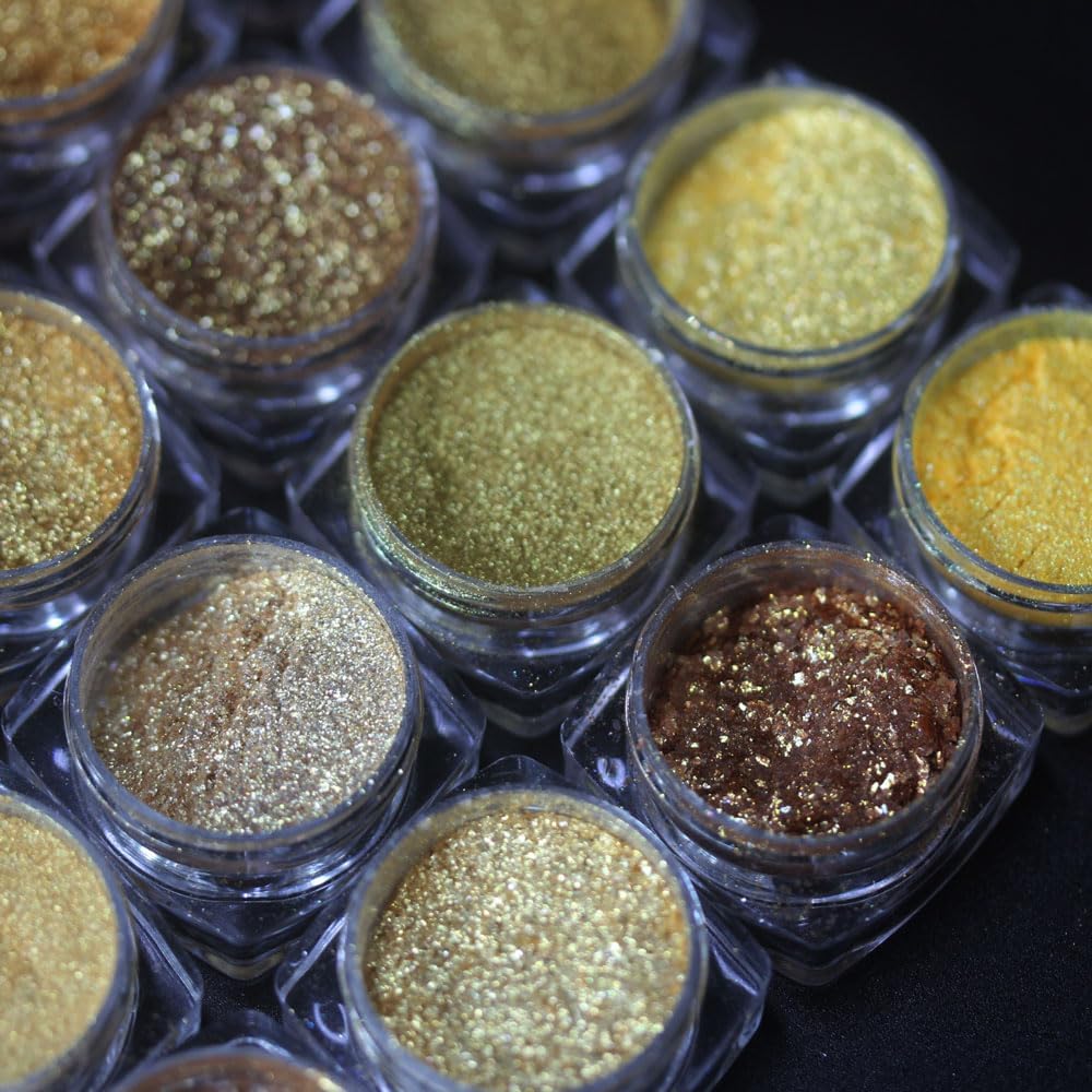 16 Color Gold Series Mica Powder Kit, Pearlescent Pigments for Epoxy, Resin, Nails, Paint, Woodworking, Acrylic Pouring, Fishing Lures - DIY Arts and Crafts Additive