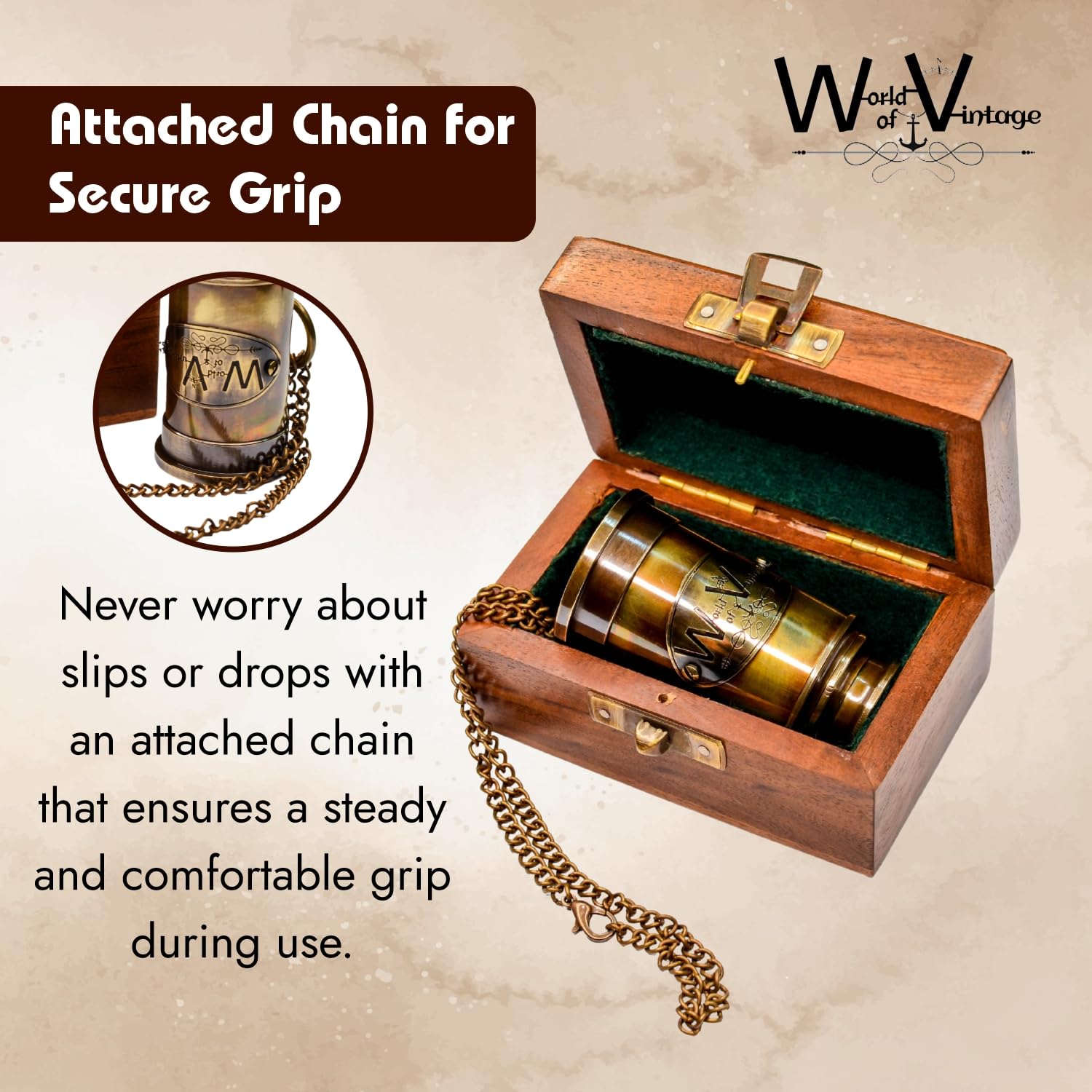 World Of Vintage Personalized Brass Telescope with Wooden Box - 5 Inch, 5X Zoom | Free Customizable with Personal Message & Attached Chain for Enhanced Grip | Personalized Gift | Inspiration Quotes 4