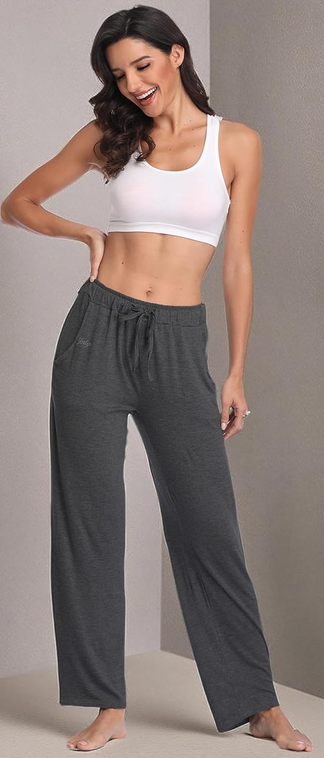 Jorlyen Women's Yoga Pants Long Modal Comfy Drawstring Trousers Loose Straight-Leg for Yoga Running Sporting with Pockets