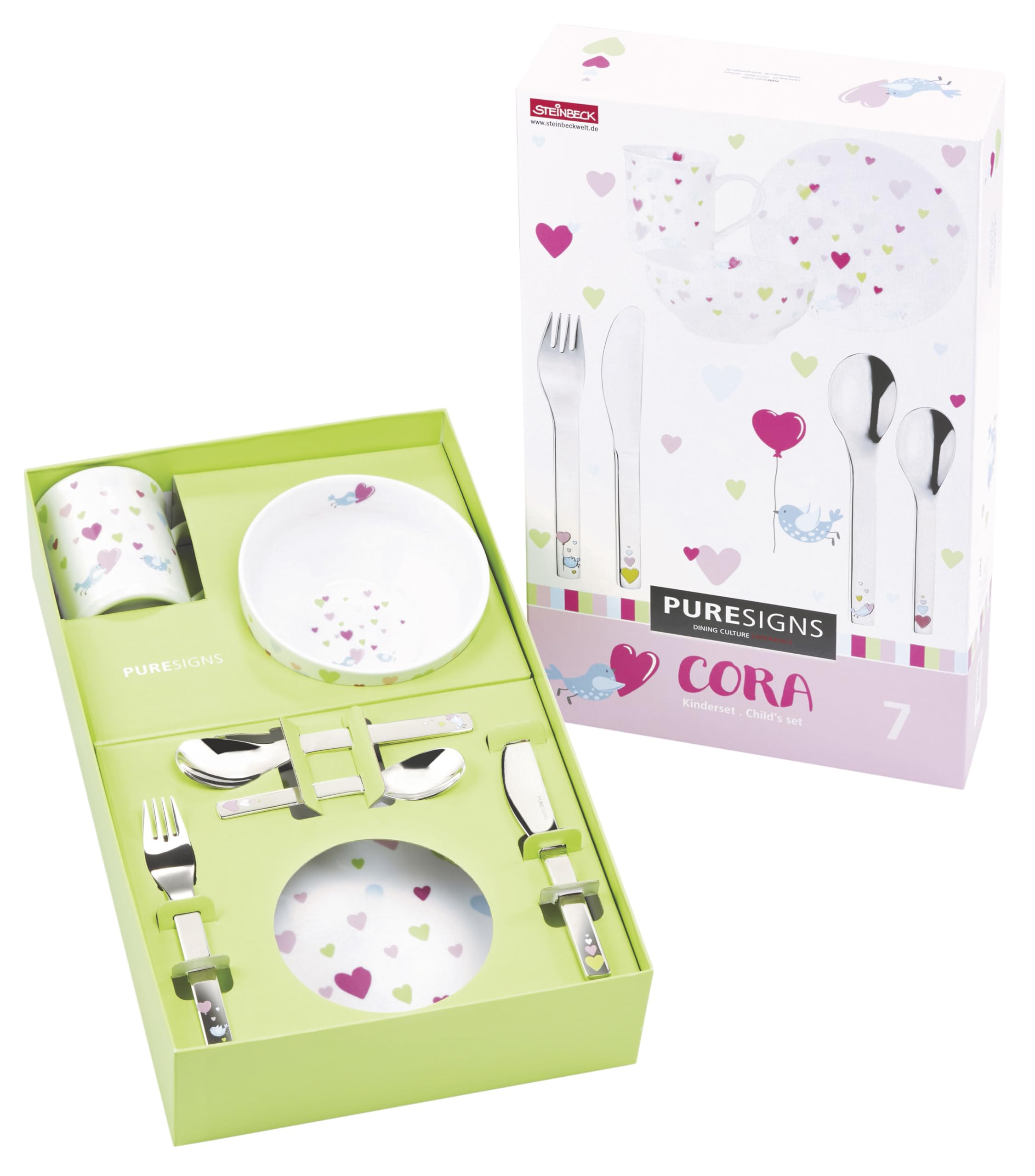 PURESIGNS Kinderset 7-teilig CORA Porzellan & Edelstahl 18/10 | Geschirr + Besteck, BPA-frei & spülmaschinenfest