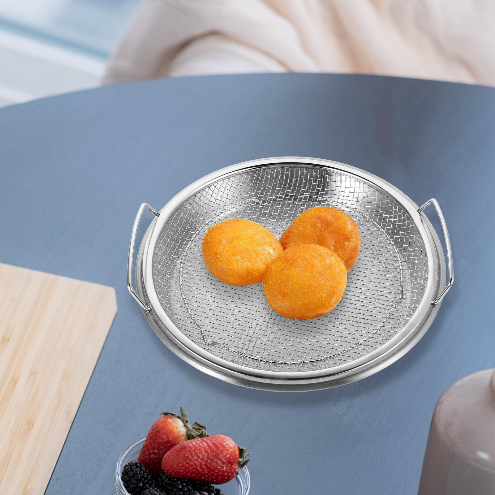 Filtro per Olio in Acciaio Cestello in Rete e Vaschetta di Raccolta, Colino da Cucina per Friggitrice e Preparazione di Alimenti Freschi