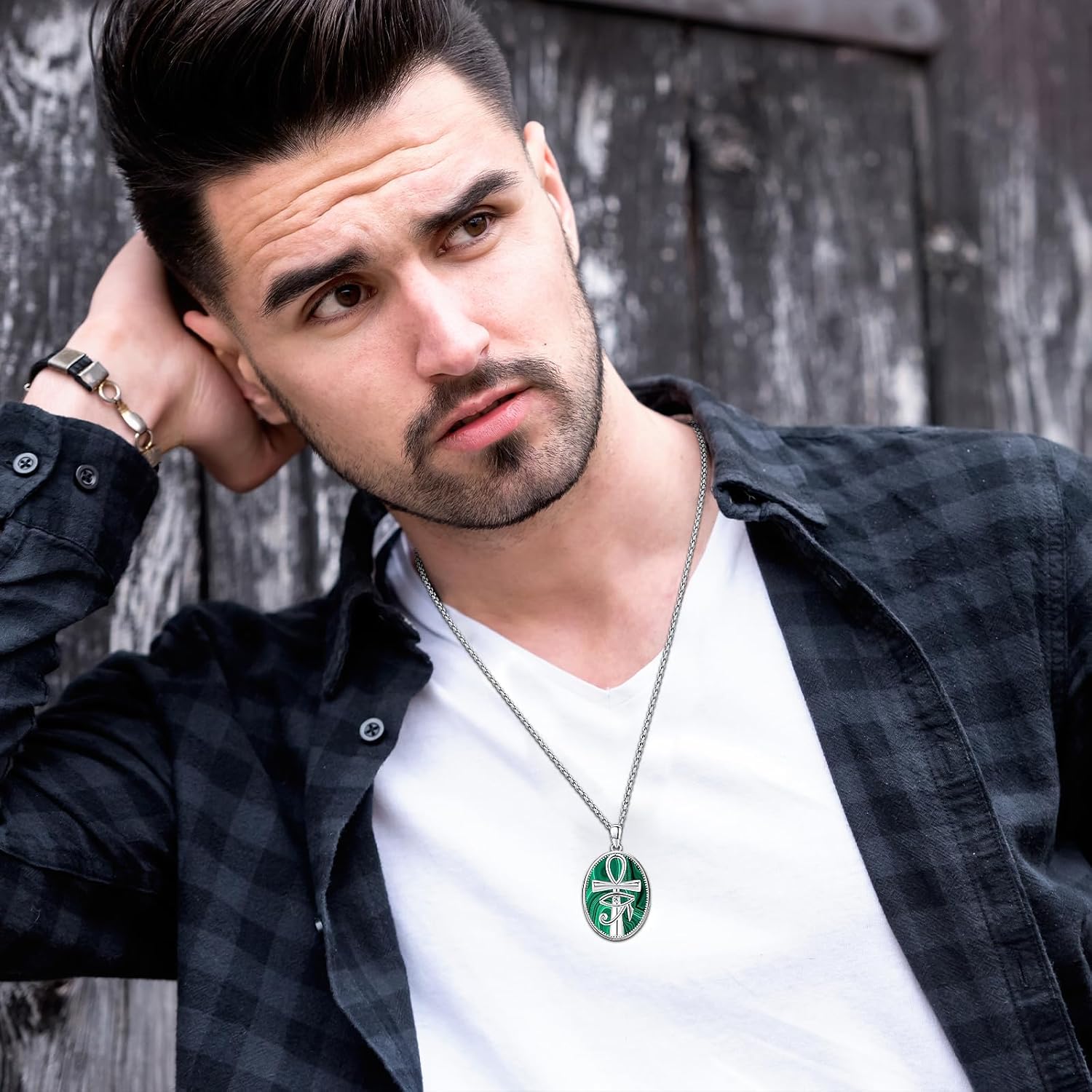 Abalone/Black Onyx/Turquoise/Malachite/Snake Ankh Necklace 925 Sterling Silver Ancient Egyptian Protection Jewelry Eye of Horus Pendant Punk Hip Hop Gifts for Men Women Father - Image 2