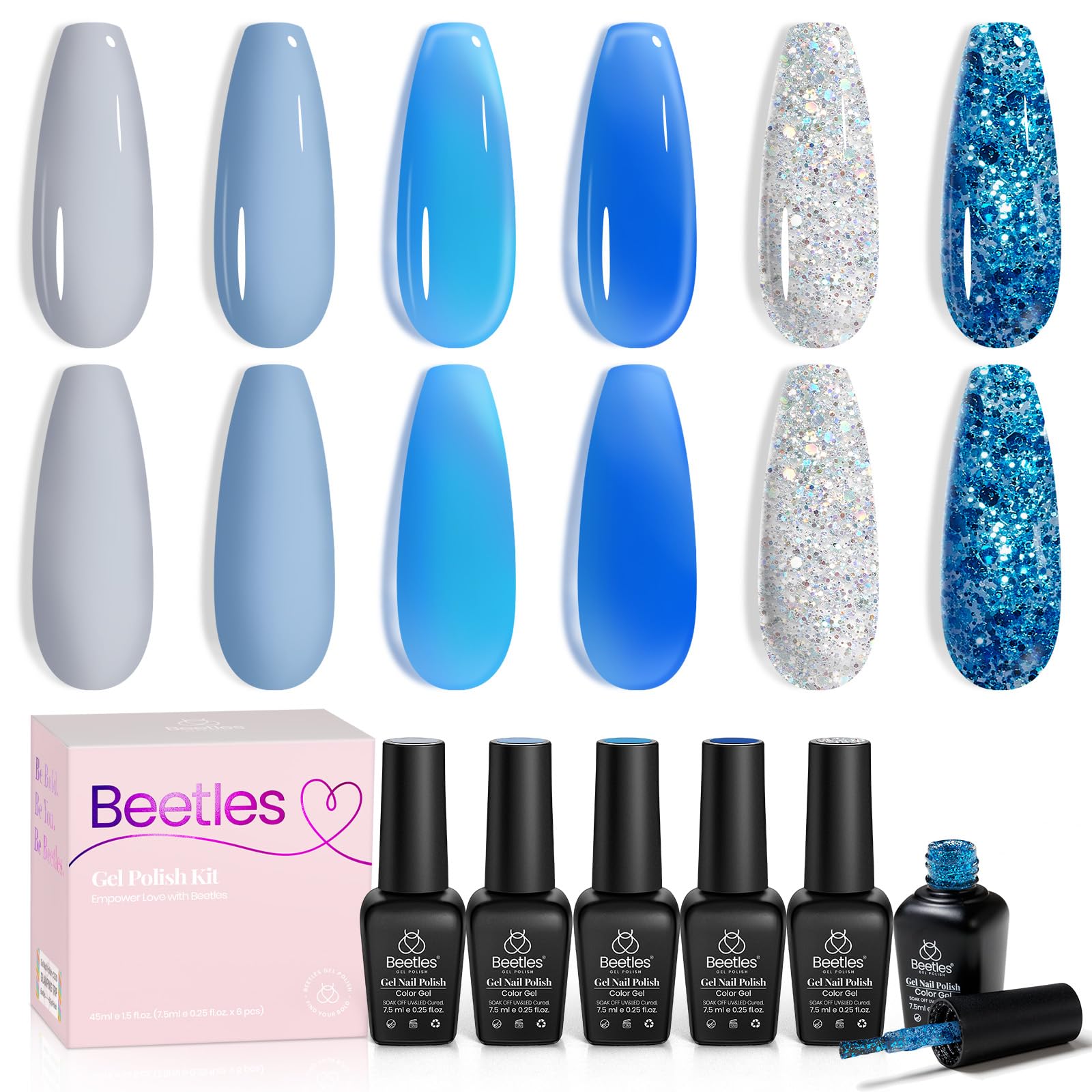 Beetles Blue Gel Polish, 6 Colors Jelly Blue Gel Polish Sliver Glitter Nude Gray Translucent Nail Polish Chasing Breeze Jelly Gel Nail Art Design UV Led Soak off Nails Manicure for Girls Women