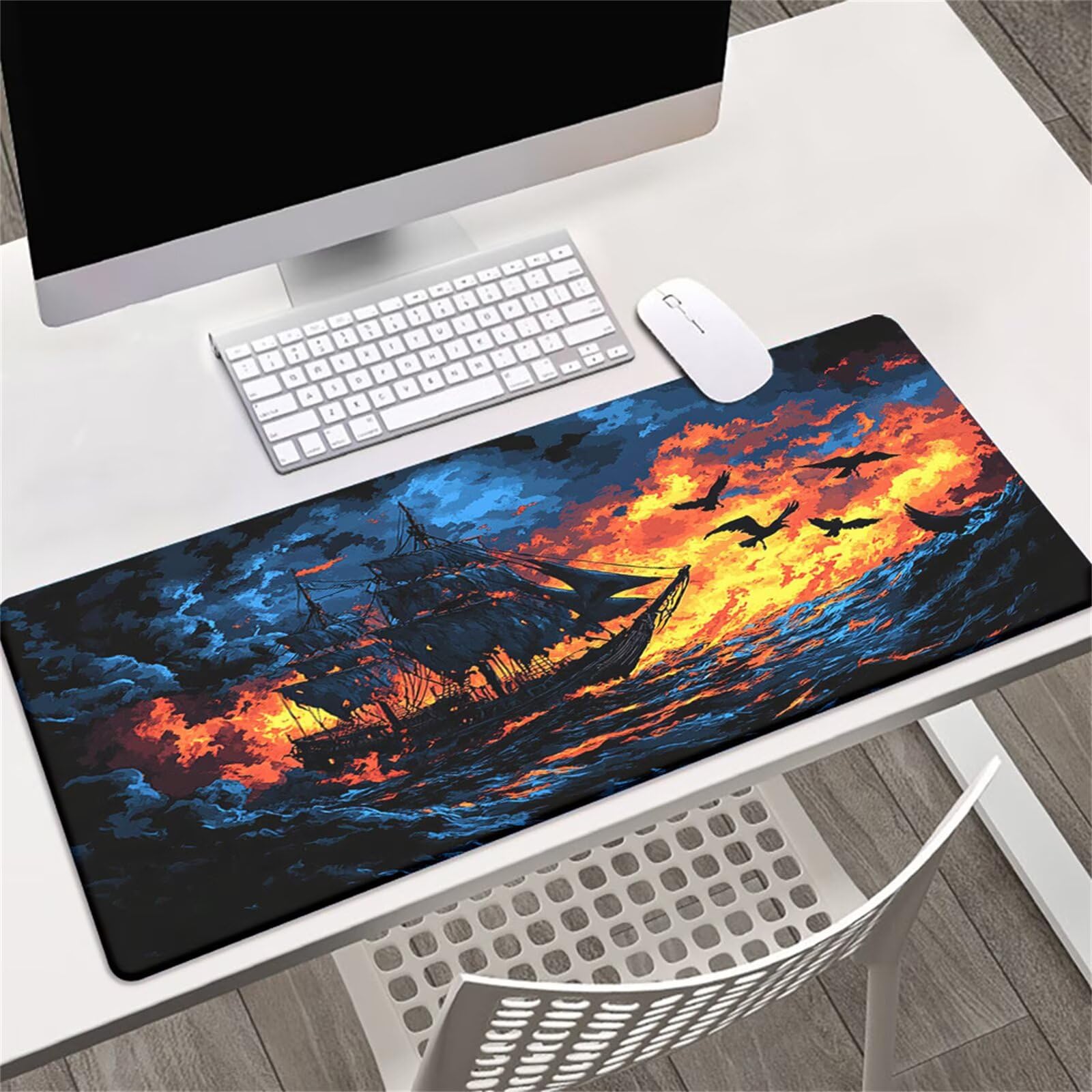 Tappetino Mouse da Gioco 1200x600x2mm, Barca Oceanica Gabbiano Mouse Pad XXL ad Alta Precisione e Velocità, Base in Gomma Antiscivolo Ultra-Grip, Tappetino per Scrivania Tastiera e PC