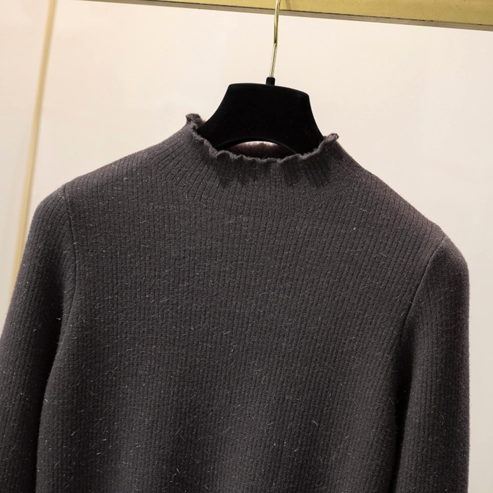 Suéter De Invierno Para Mujer - Señoras De La Moda Más Suéter Grueso De Terciopelo Color Puro Otoño E Invierno Jersey De Punto De Medio Cuello Alto Delgado Manga Larga Estiramiento Suave Calid